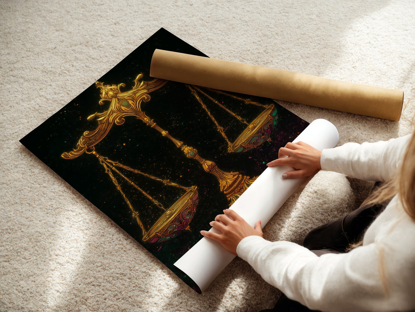 Witness the meticulous care that goes into creating our fine art posters. A skilled artisan expertly rolls the Libra Zodiac Art Print on high quality paper. Ensuring a flawless product for your scales of justice artwork. Perfect for collectors.