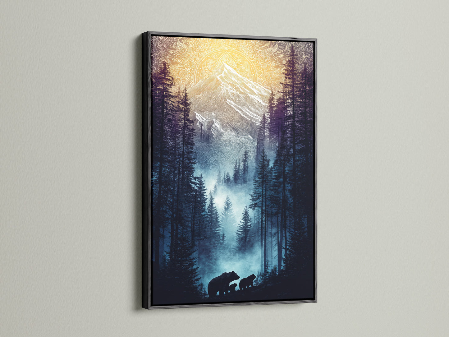 The Bear Family Canvas Print is displayed in a black frame. This nature landscape artwork offers a striking contrast. It enhances rustic and modern interiors. The forest canvas adds a touch of wilderness.