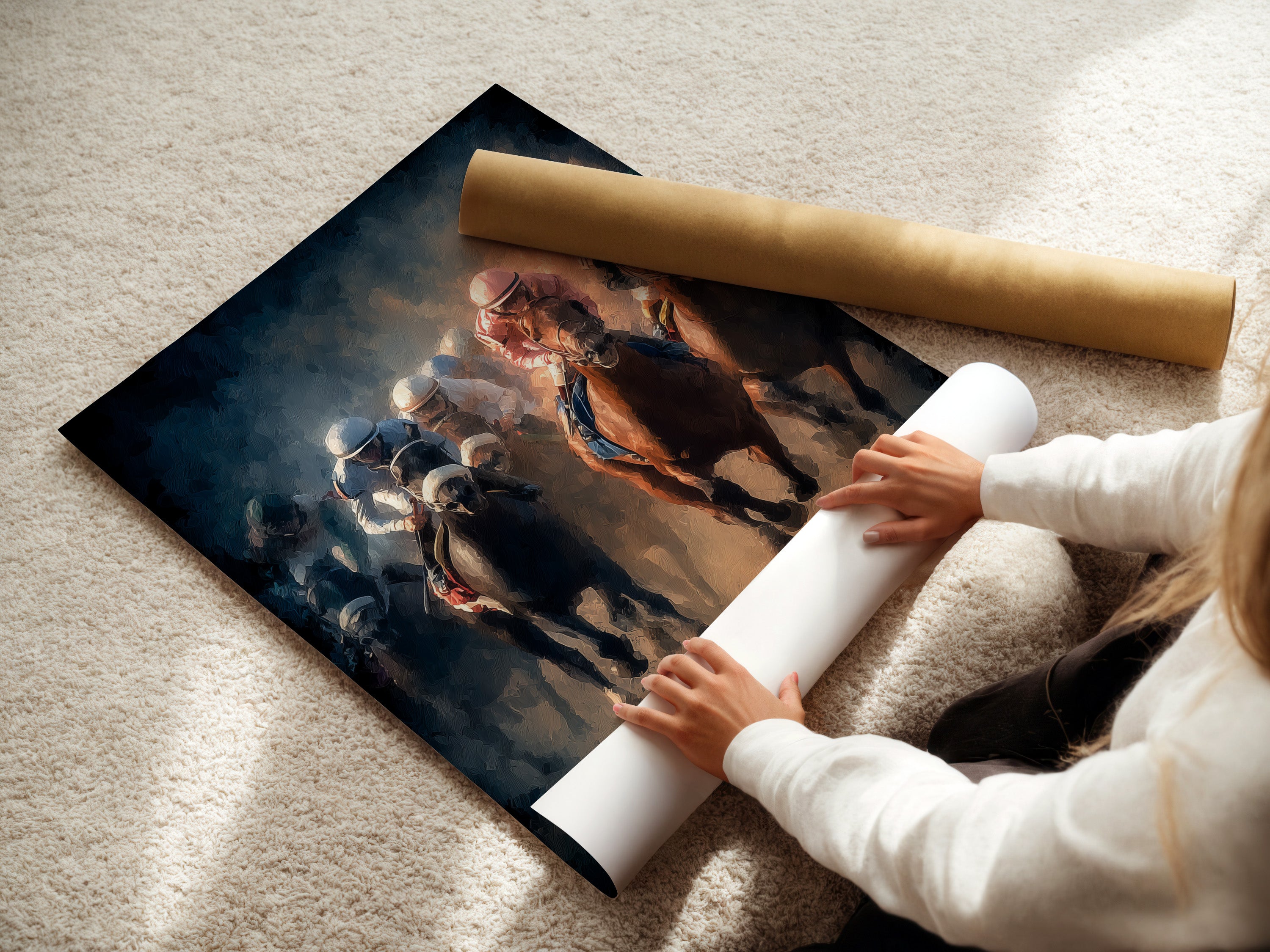 A woman is carefully rolling a fine art poster paper. The poster features horse racing theme. The fine art paper ensures high-quality and detailed reproduction. Perfect for art enthusiasts seeking quality prints