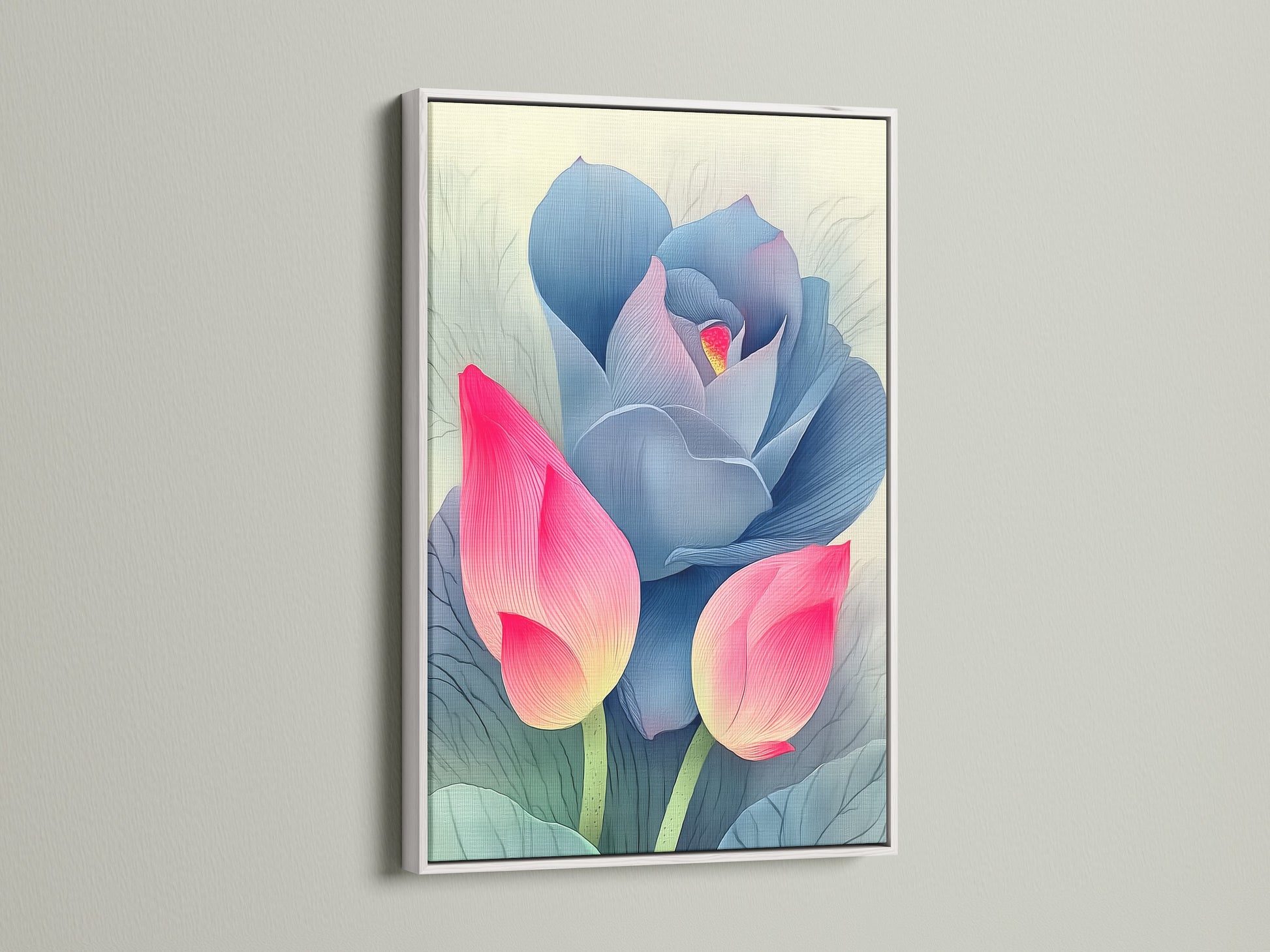 A pink and blue lotus flower artwork in a white frame is mounted on a white wall. White frames offer a clean modern look for floral artwork. Enhance your bedroom or living room with this botanical print. Find your perfect piece today