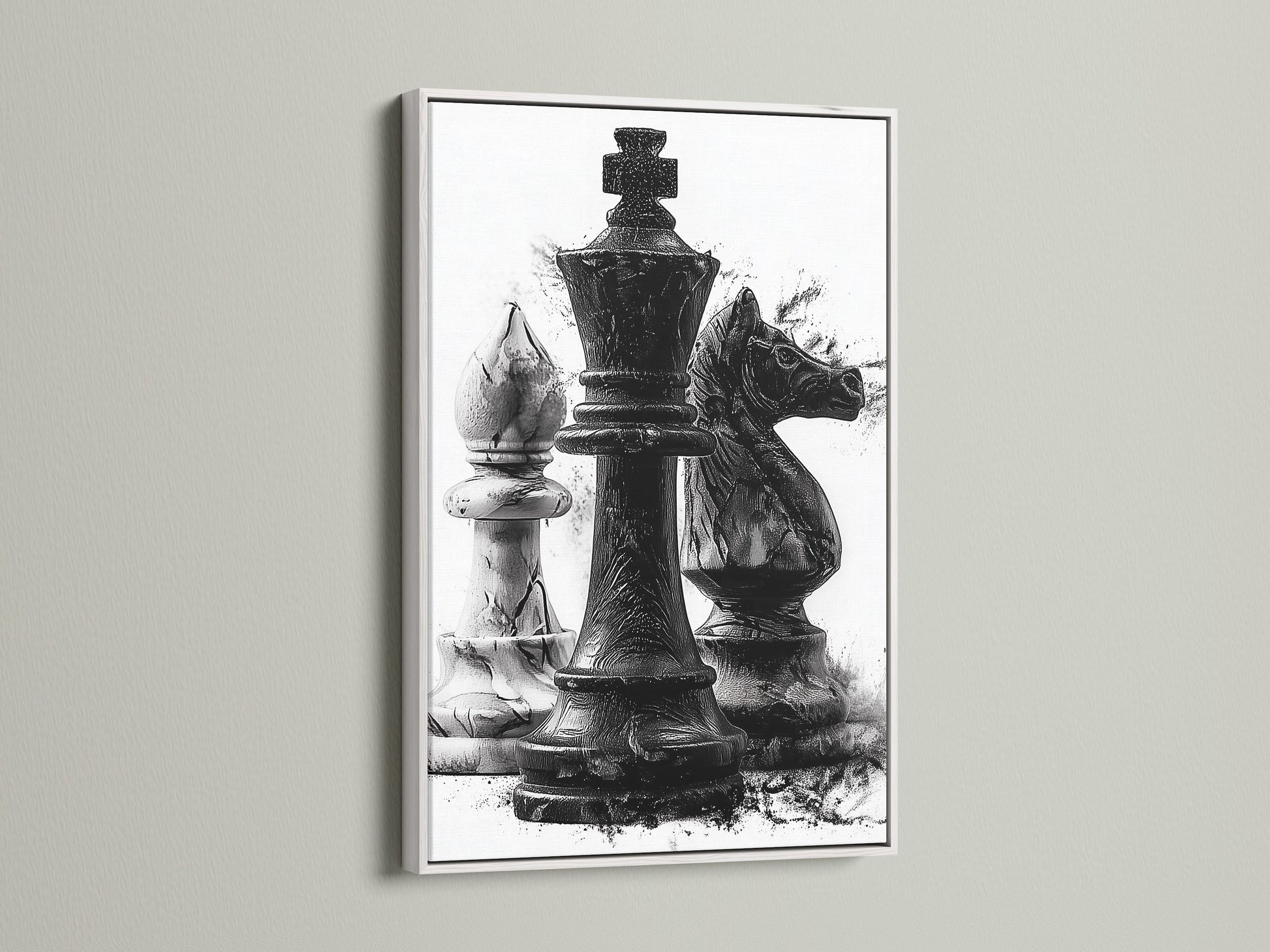 White frame artwork featuring chess pieces displayed on a wall. The lighting highlights the artwork's details. It is ideal for a game room or office. A chic addition to any interior. Transform your space with this stunning artwork. It is a modern and sophisticated choice.