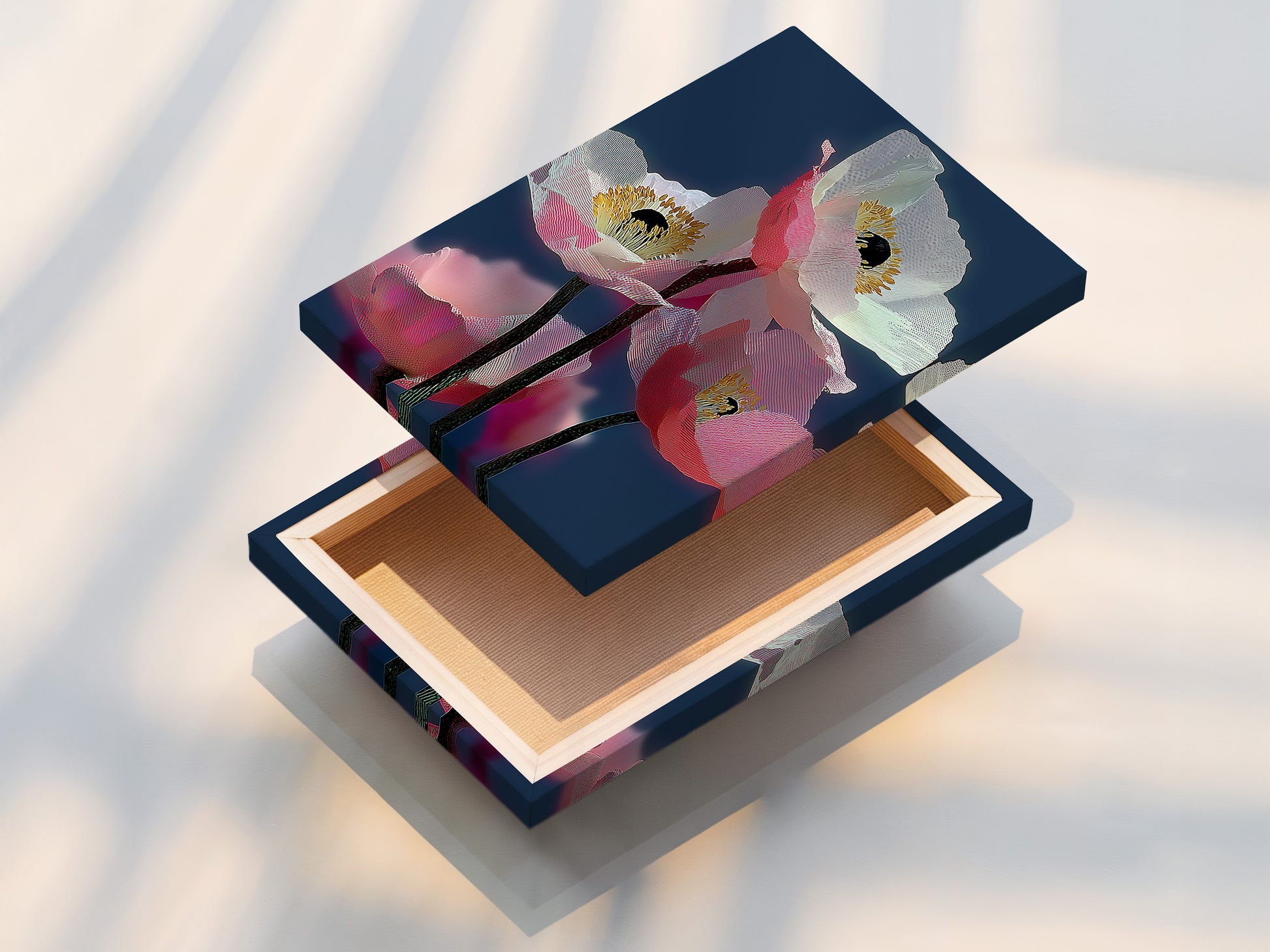 This photo shows a stretched canvas print. It features pink poppy art. The modern floral wall art is ready to hang. It is a contemporary botanical artwork. This stretched canvas print is perfect for living room wall art. It is a beautiful piece.