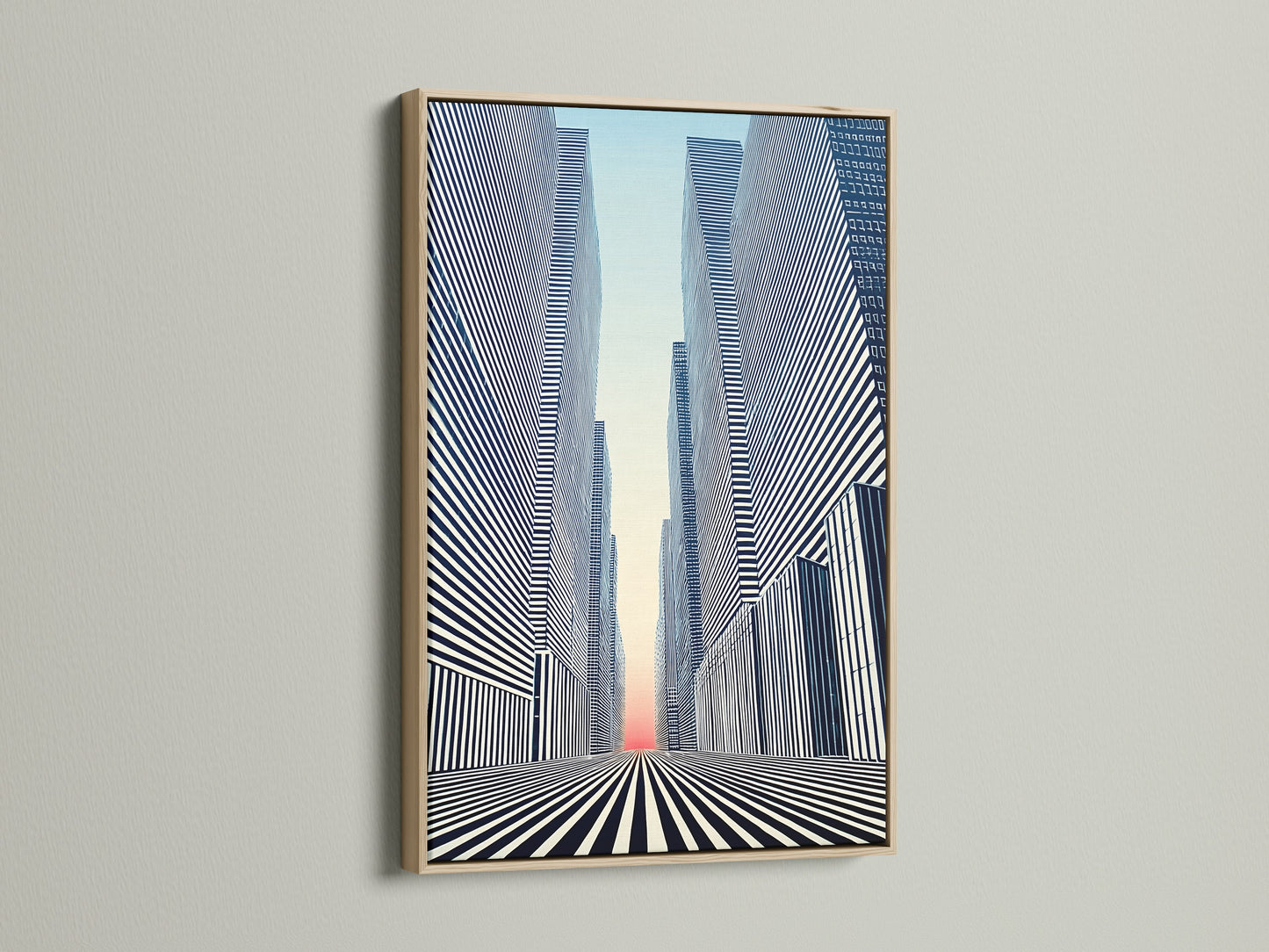 The Cityscape Optical Illusion artwork is showcased in an oak frame. This modern wall art piece adds an urban touch to any room. The black and white decor enhances minimalist spaces. Discover how this geometric canvas transforms your office or home.
