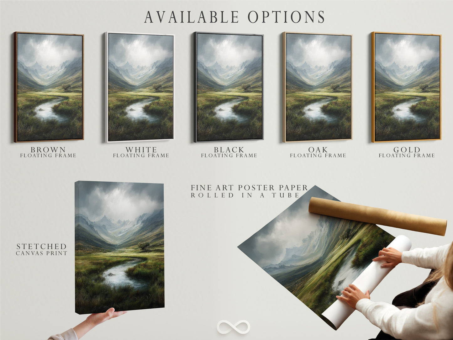 Available options include a stretched canvas print fine art poster paper and a floating frame. This displays the variety of artwork finishes. Choose the perfect style to match your taste. Each option enhances artwork in its unique way. Perfect for customizing artwork to your preferences.