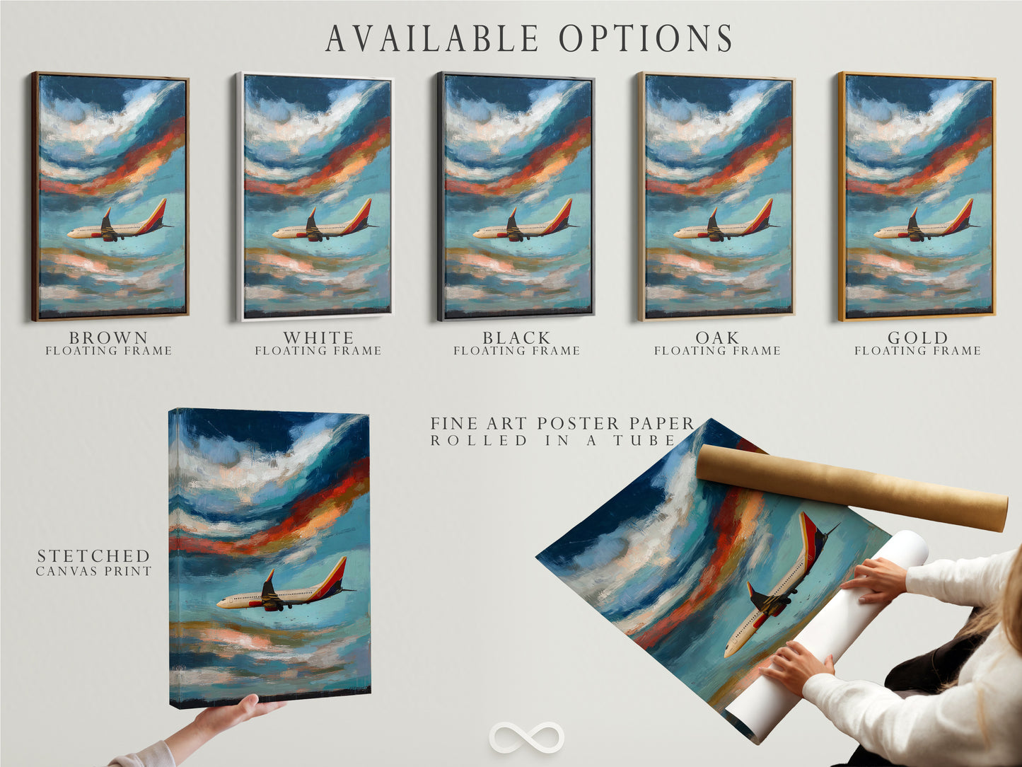 Available options for airplane artwork are displayed. Choose from stretched canvas print fine art poster paper or floating frame options. Find the perfect aviation art to match your style and decor. Ideal gifts for pilots and aviation fans.