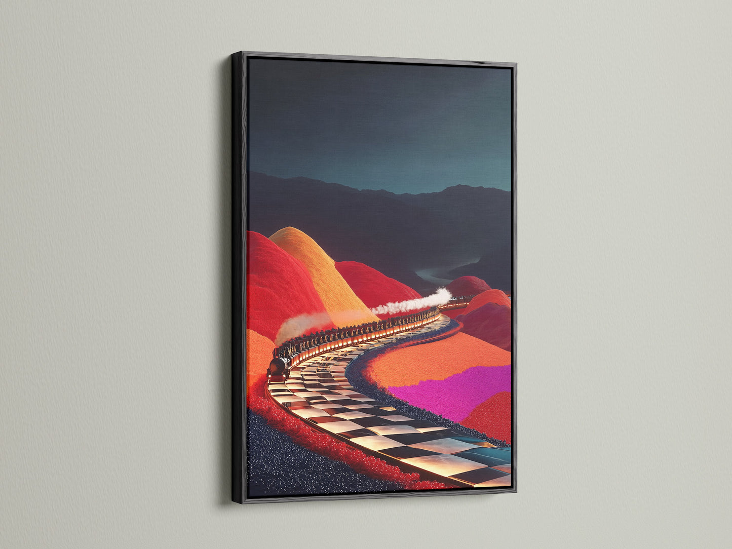 Surreal Train Ride artwork with a black frame. It's a fantasy canvas print. This train wall art is ideal for game room decor. Add a touch of imagination with this whimsical artwork. The colorful art print creates a vibrant atmosphere. Perfect for unique wall decor.