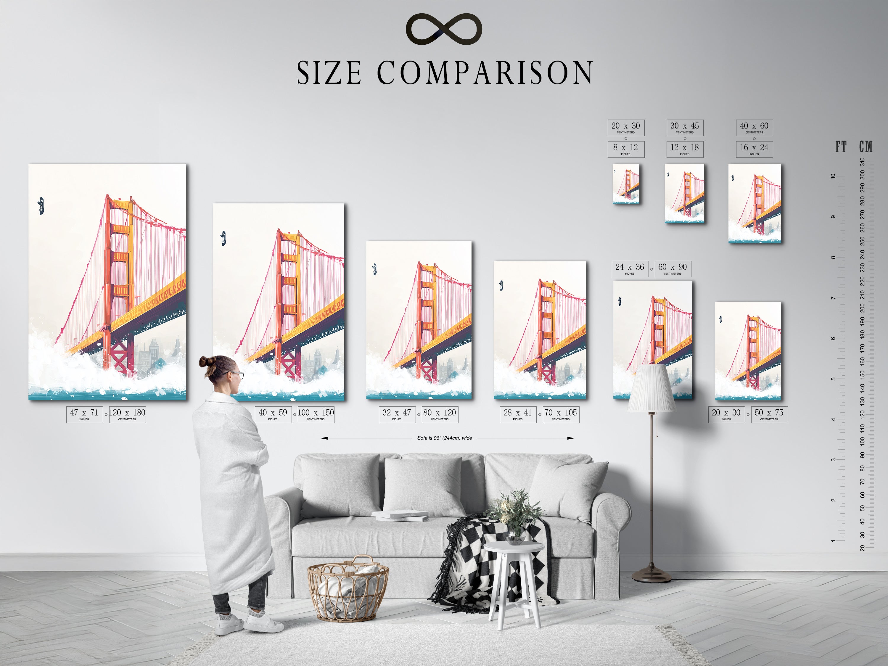 Size comparison chart displayed in a stylish interior. Visualize how different sizes of Golden Gate Bridge art will look in your home. This chart helps you choose the perfect scale for your space. Find the ideal piece.
