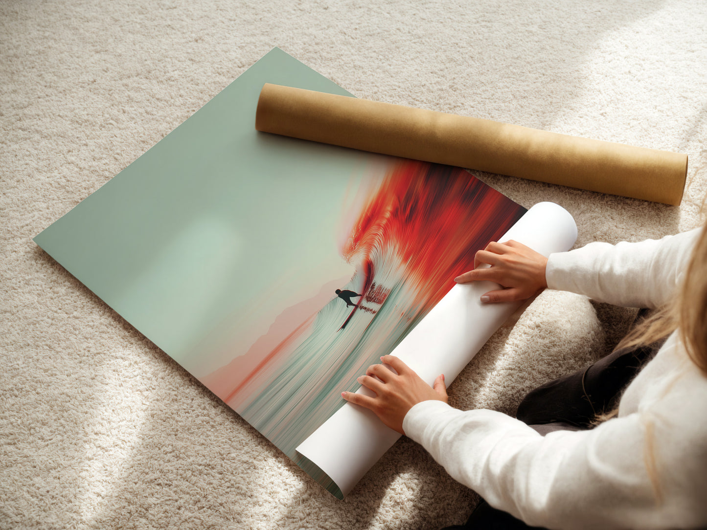 A woman is carefully rolling fine art poster paper. Preserving the quality of art prints. Discover our range of fine art posters. Get archival-quality prints. Perfect for framing and display. Shop now.
