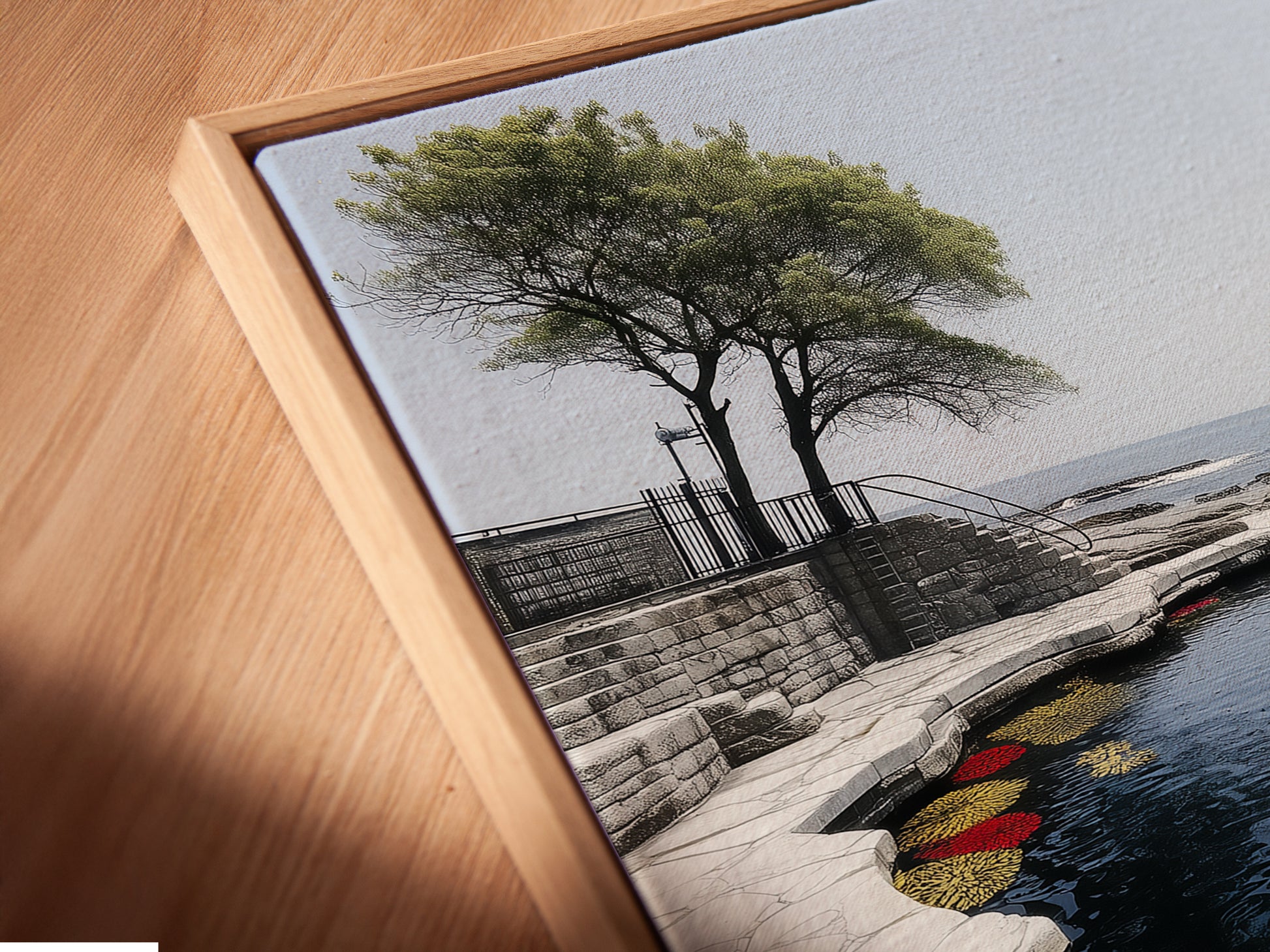 An angled close-up reveals the texture of a canvas print. The print is showcased in a floating frame. This framing style adds depth and dimension. Perfect for fine art and high-end artwork displays in any room