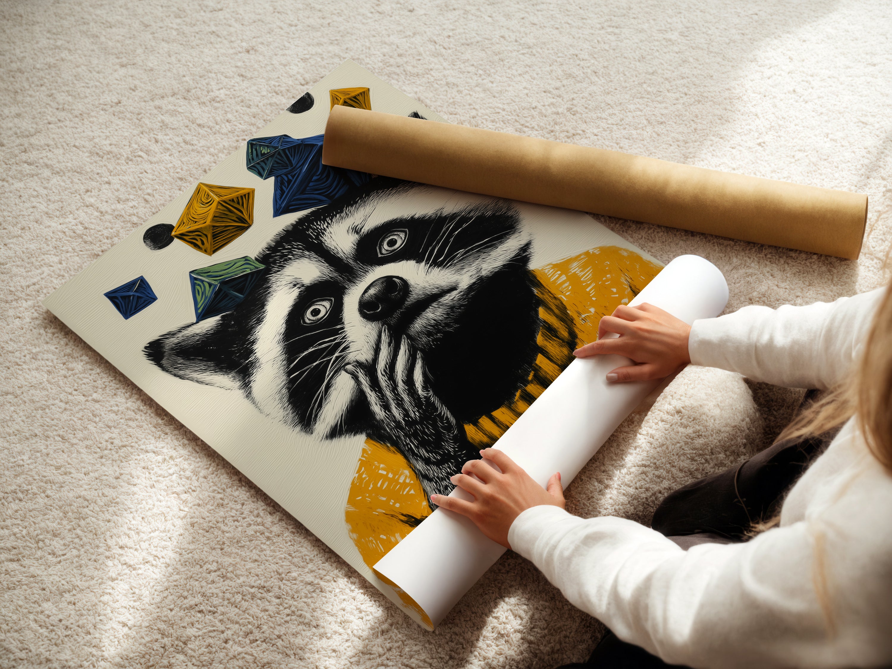 A woman is carefully rolling a fine art poster paper. The raccoon art print is perfect for adding a touch of whimsy to any space. This whimsical animal wall art is ideal for kids room decor. Fine art poster paper ensures high-quality reproduction of the playful animal portrait art. The mustard yellow geometric design is eye-catching.
