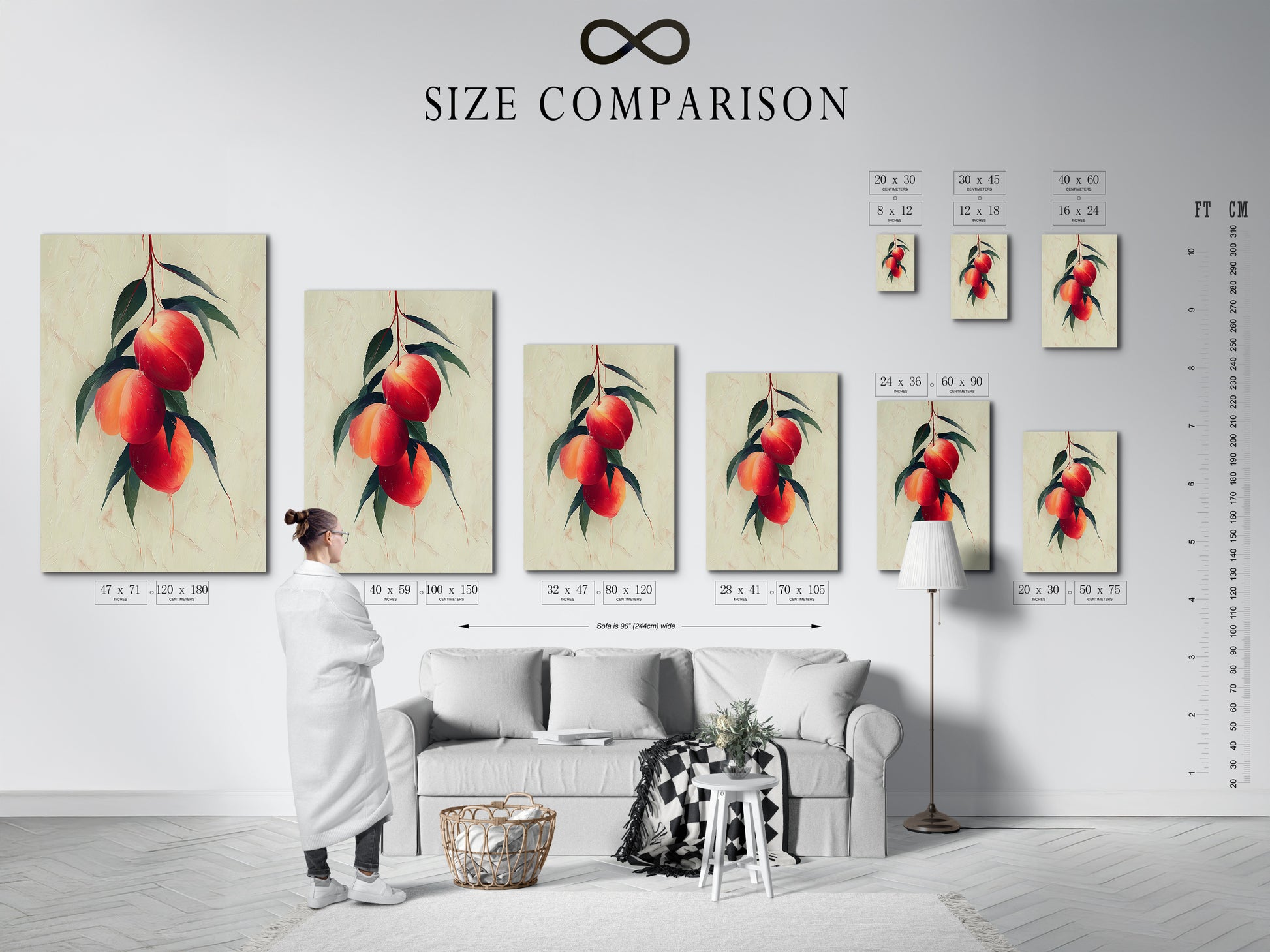 Check out this size comparison chart in an interior setting. It helps you visualize the ideal dimensions for your peach fruit botanical wall art. This art is ideal for kitchen decor and farmhouse style. Find the perfect fit for your space. Make your art truly stand out.