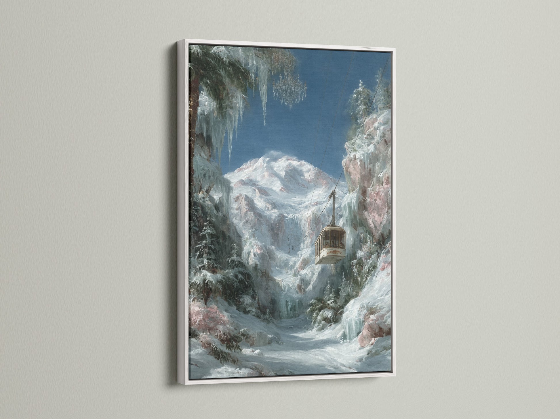 Winter Cabin artwork in a white frame. This snowy mountain landscape wall art brings a cozy alpine scene. The white frame offers a clean modern look. Great for a minimalist aesthetic.