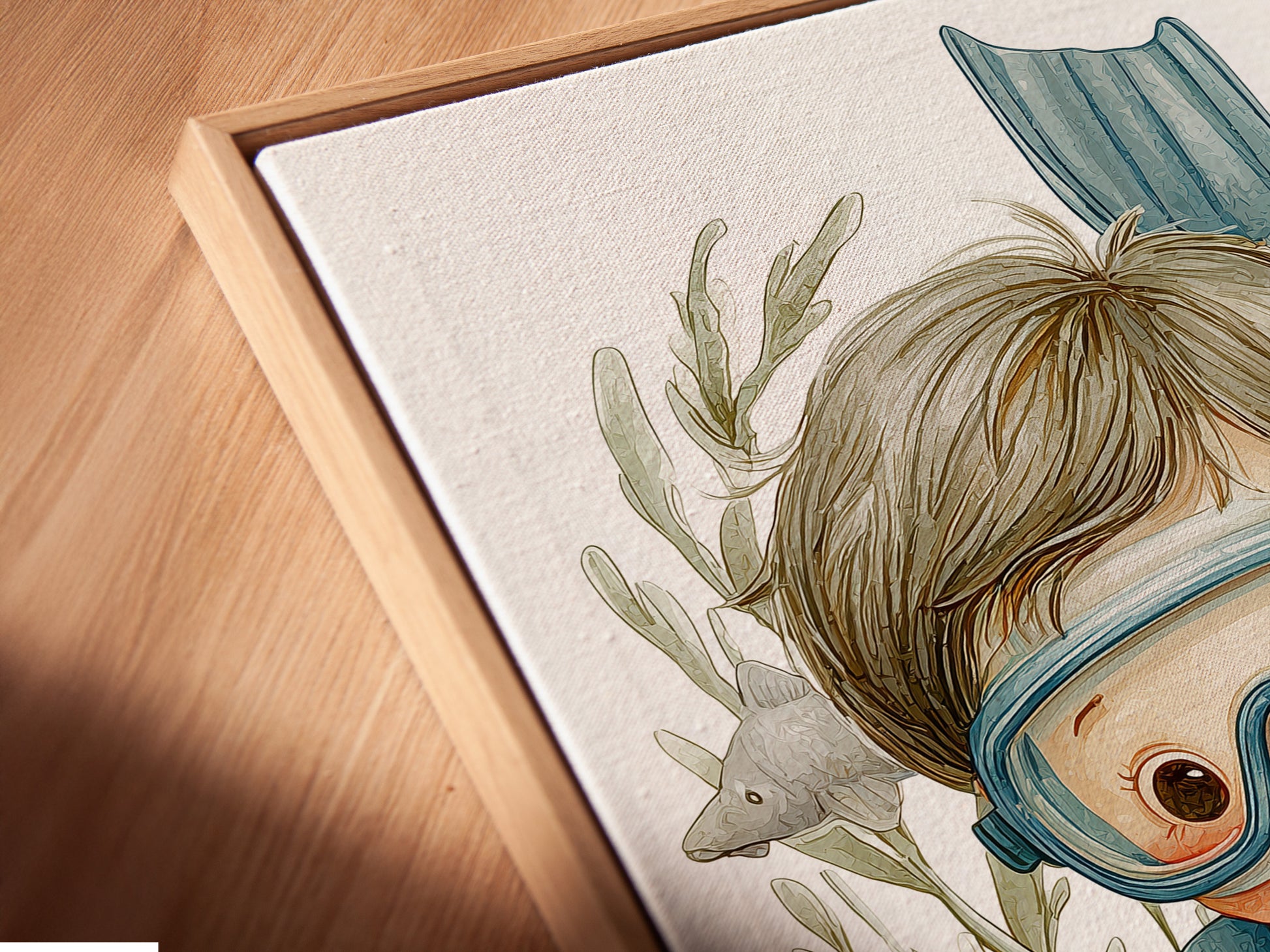 A close-up angled view reveals a canvas print in a floating frame. The scuba diving kids art comes alive. The frame enhances the underwater details. Perfect for adding depth to your ocean-themed room. The floating frame gives the artwork a contemporary look.