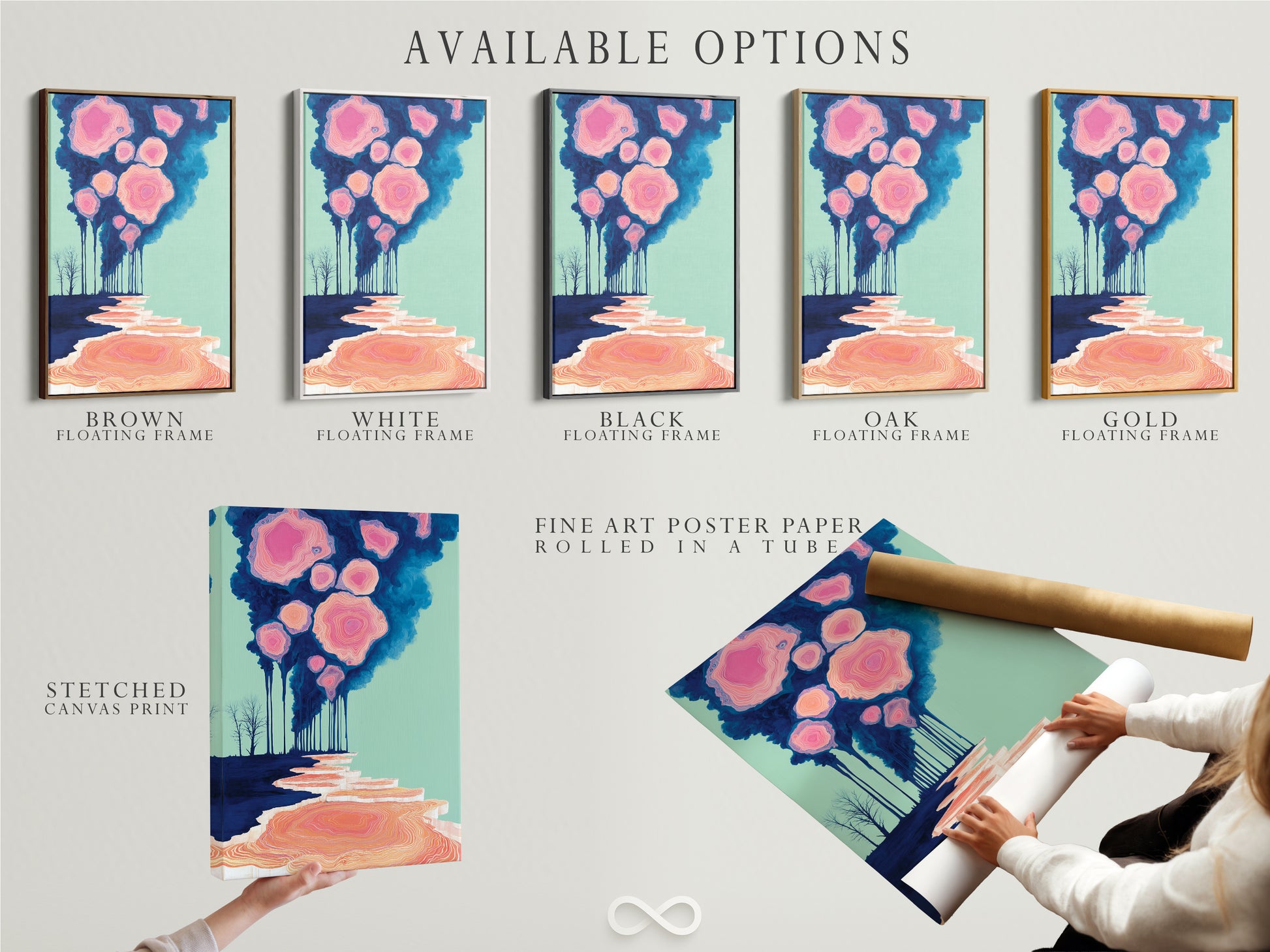 This image displays available options for our surreal landscape artwork. Choose from a stretched canvas print fine art poster paper or a floating frame. These options allow you to customize your abstract nature art. Find the perfect format for your bedroom wall decor. Ideal for homeowners apartment dwellers and interior stylists.