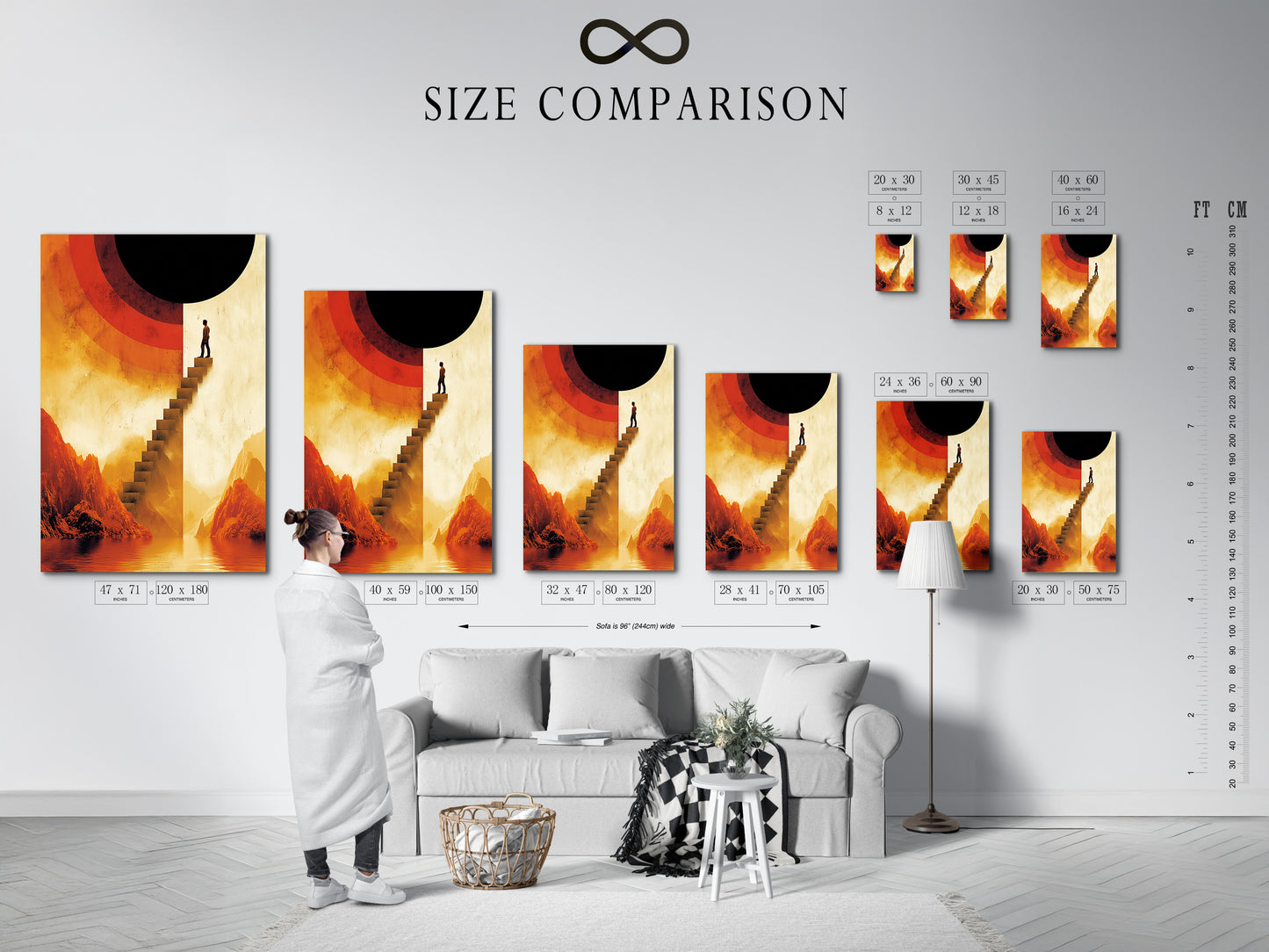 A size comparison chart for the surreal stairway artwork displayed in an interior. Abstract mountain landscape art with warm earth tones. See how different sizes fit your space. Perfect for visualizing artwork in your home. Choose the ideal size.