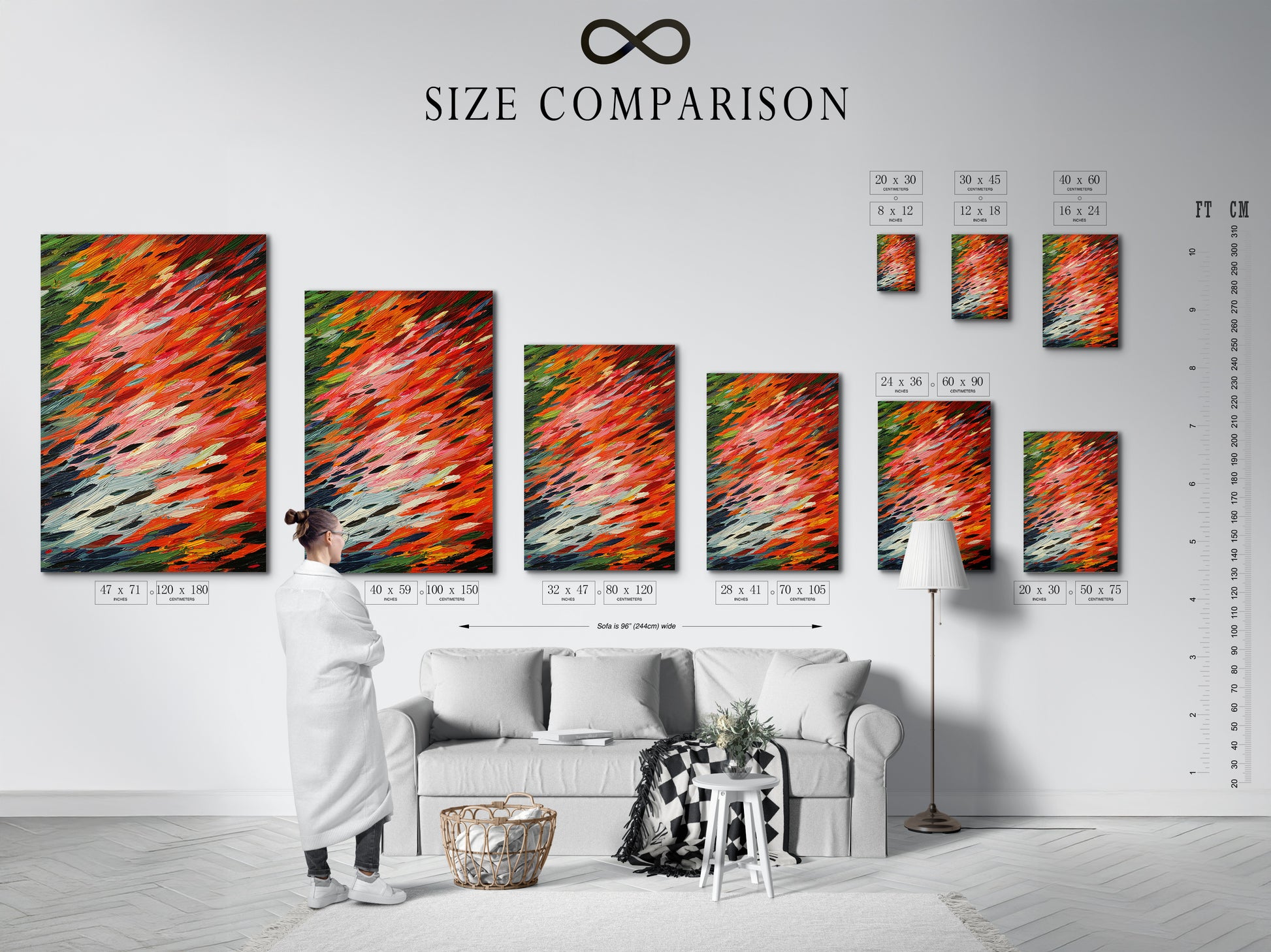 A size comparison chart is displayed in an interior setting. This chart helps visualize how different sizes of abstract brushstroke artwork fit in a room. Helping customers choose the perfect piece for their modern wall decor needs.