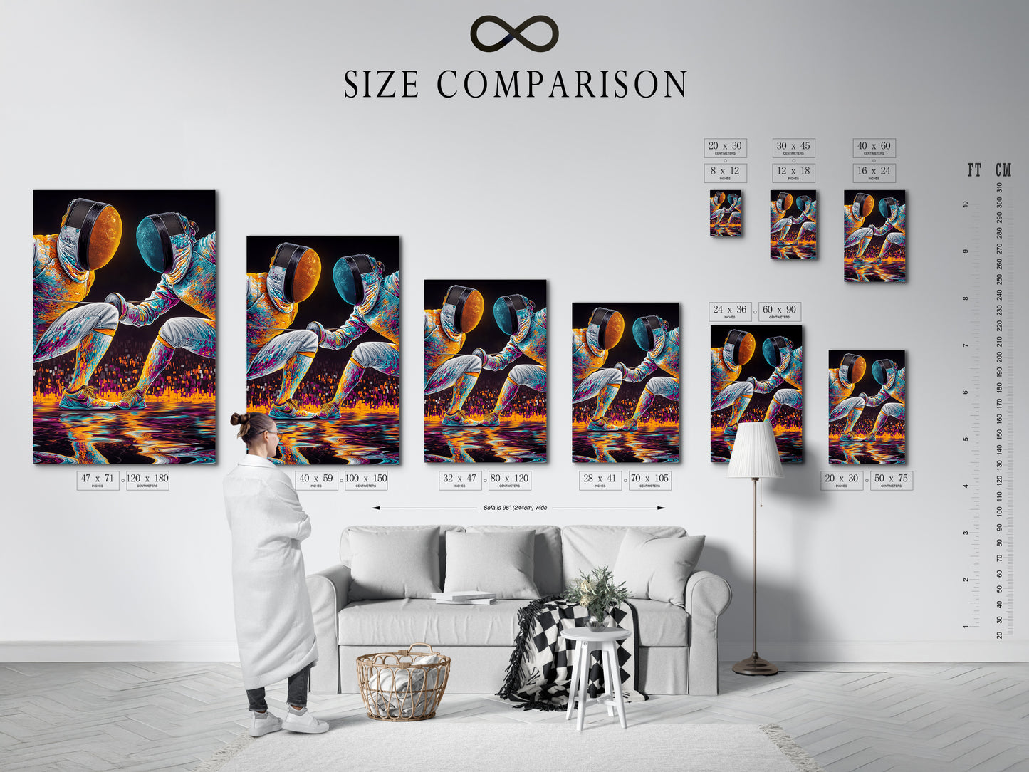 A size comparison chart displayed in an interior setting. This chart helps visualize the Fencing Duel artwork in different sizes. It is perfect for planning your game room decor or teen room design