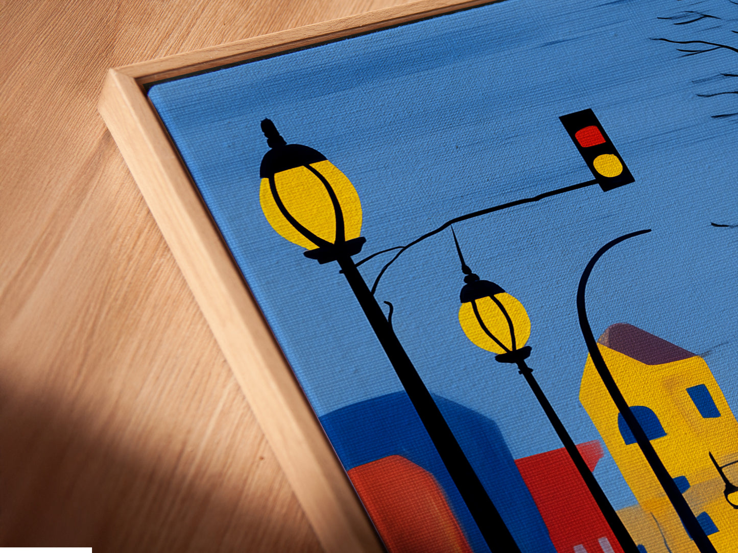 Close up of a canvas print in a floating frame. The cityscape artwork features a flamingo in an urban scene. The floating frame enhances the modern artwork. Perfect for adding a contemporary touch to any room. Its a great conversation starter.