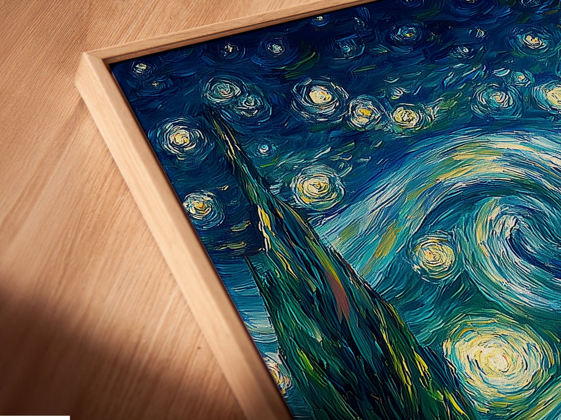 Close-up shot of a canvas print in a floating frame. The floating frame gives the artwork a modern and sophisticated look. It creates a stunning visual effect. The canvas print appears to float. This framed art is ready to hang.