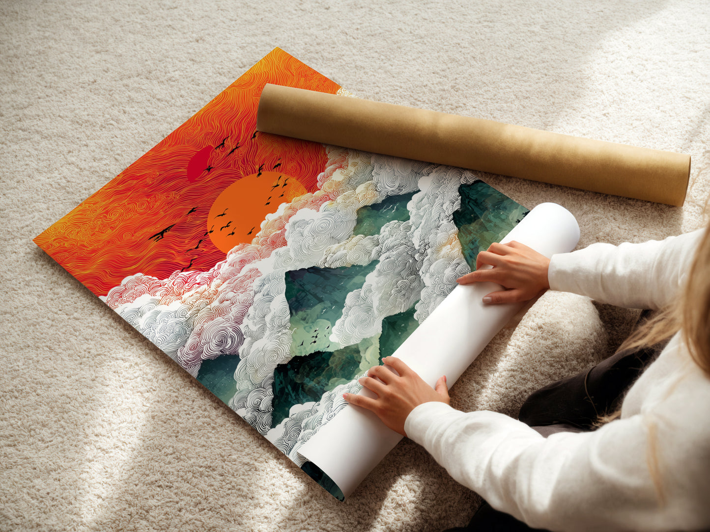 A woman carefully rolling a fine art poster paper of the Sunrise Mountain artwork. This abstract landscape artwork is perfect for any space. The bohemian decor style complements any room. The mountain art captures a serene sunrise print. The forest wall art brings nature indoors. Get this unique orange art print.
