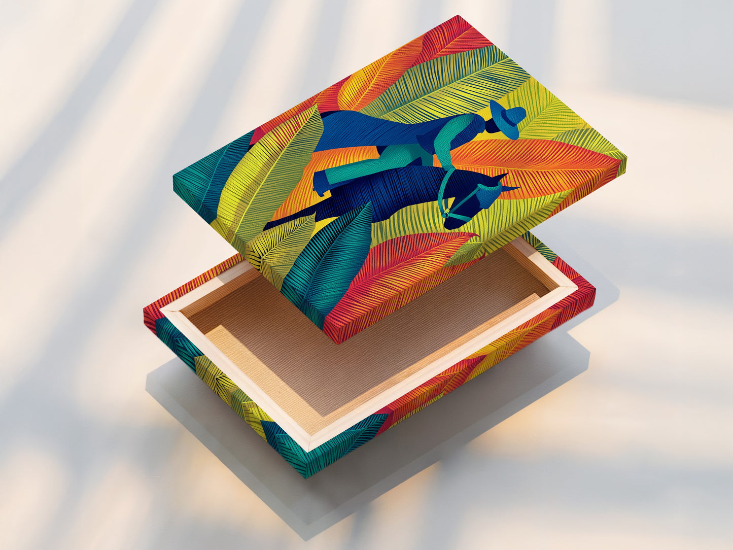 A stretched canvas print featuring equestrian artwork. The tropical leaves artwork is ready to hang. This horse rider print offers a modern art feel. Perfect for elevating your space.