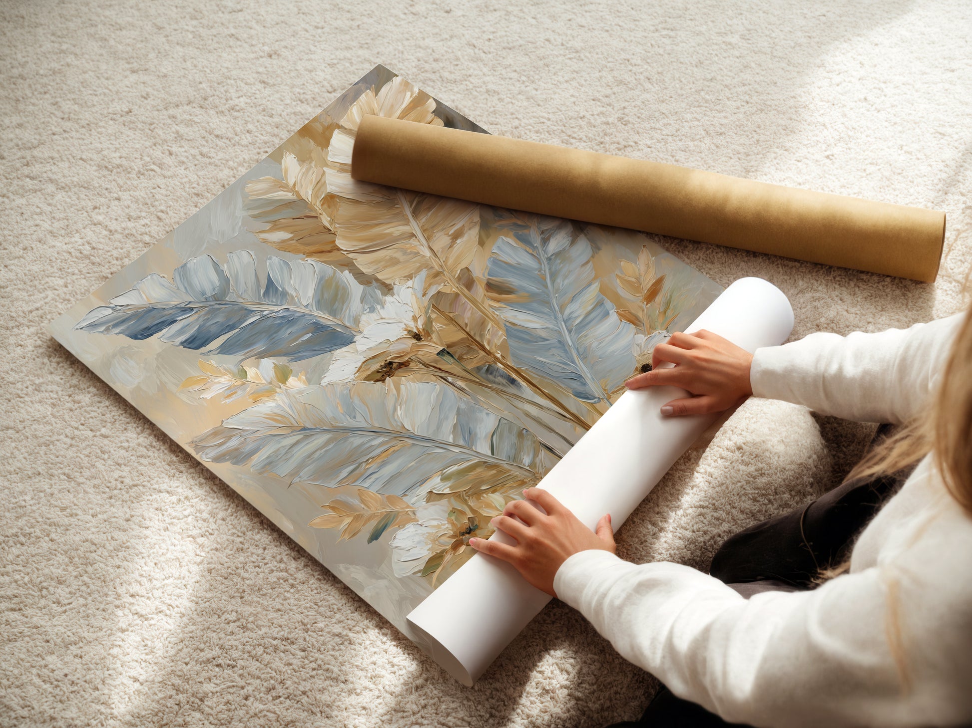 A woman is carefully rolling a fine art poster paper. The poster features a delicate feather artwork. This ensures safe and protected shipping. The fine art poster paper enhances the artwork's detail. The rolled poster is ready for framing and display. Quality and care in every detail.