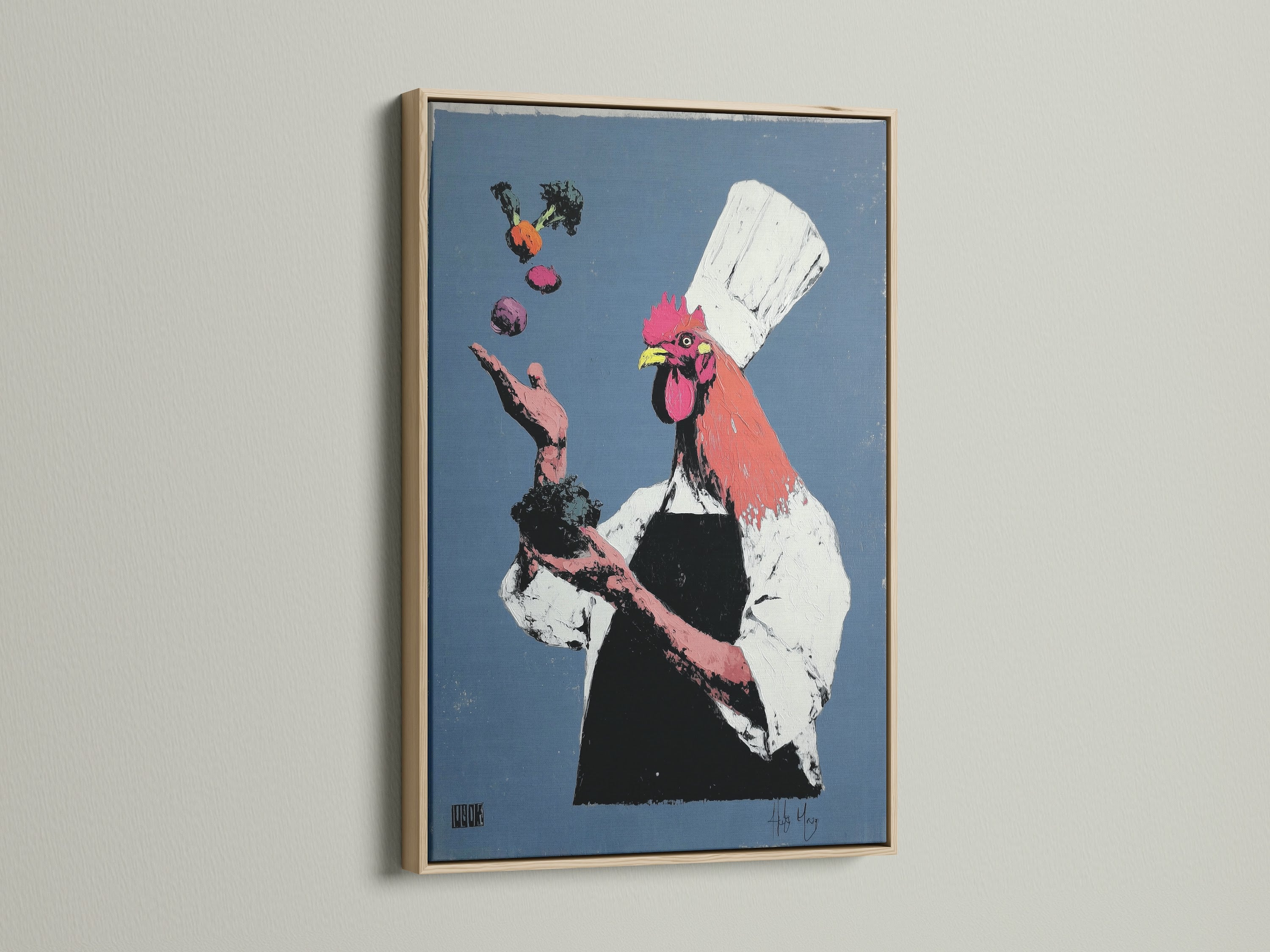 Rooster Chef art displayed in an oak frame. The artwork features a whimsical animal chef print. Ideal for a kitchen or dining room. The oak frame adds a touch of natural elegance. Perfect for contemporary or animal-themed decor. Explore this frame option now.