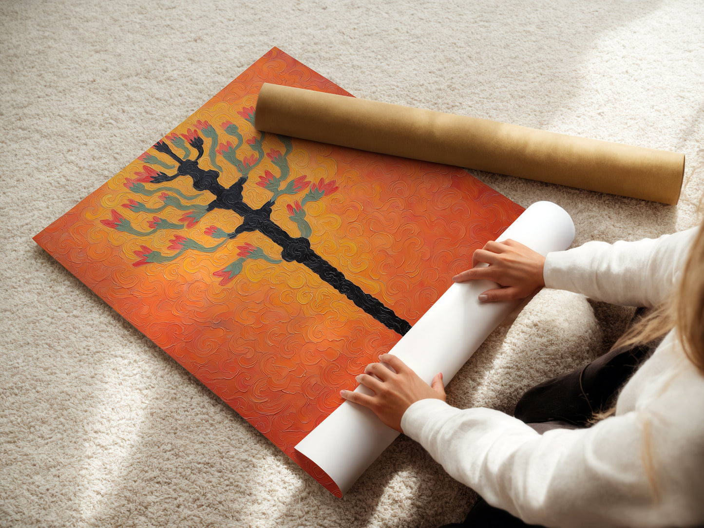 A woman carefully rolls a fine art poster paper featuring botanical tree artwork. This textured coral wall art background is perfect for modern home decor. Available in various sizes. Bring unique wall art to your living room today.