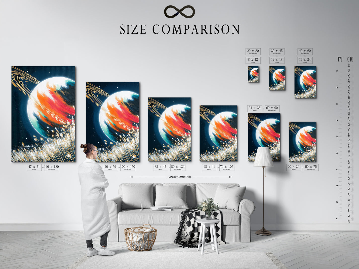 Size comparison chart featuring Saturn art in an interior setting. Visualize the space canvas size in your home. The galaxy wall art fits various spaces. This celestial decor transforms any room. Find the perfect abstract print size as bedroom art. The colorful art will fit perfectly.