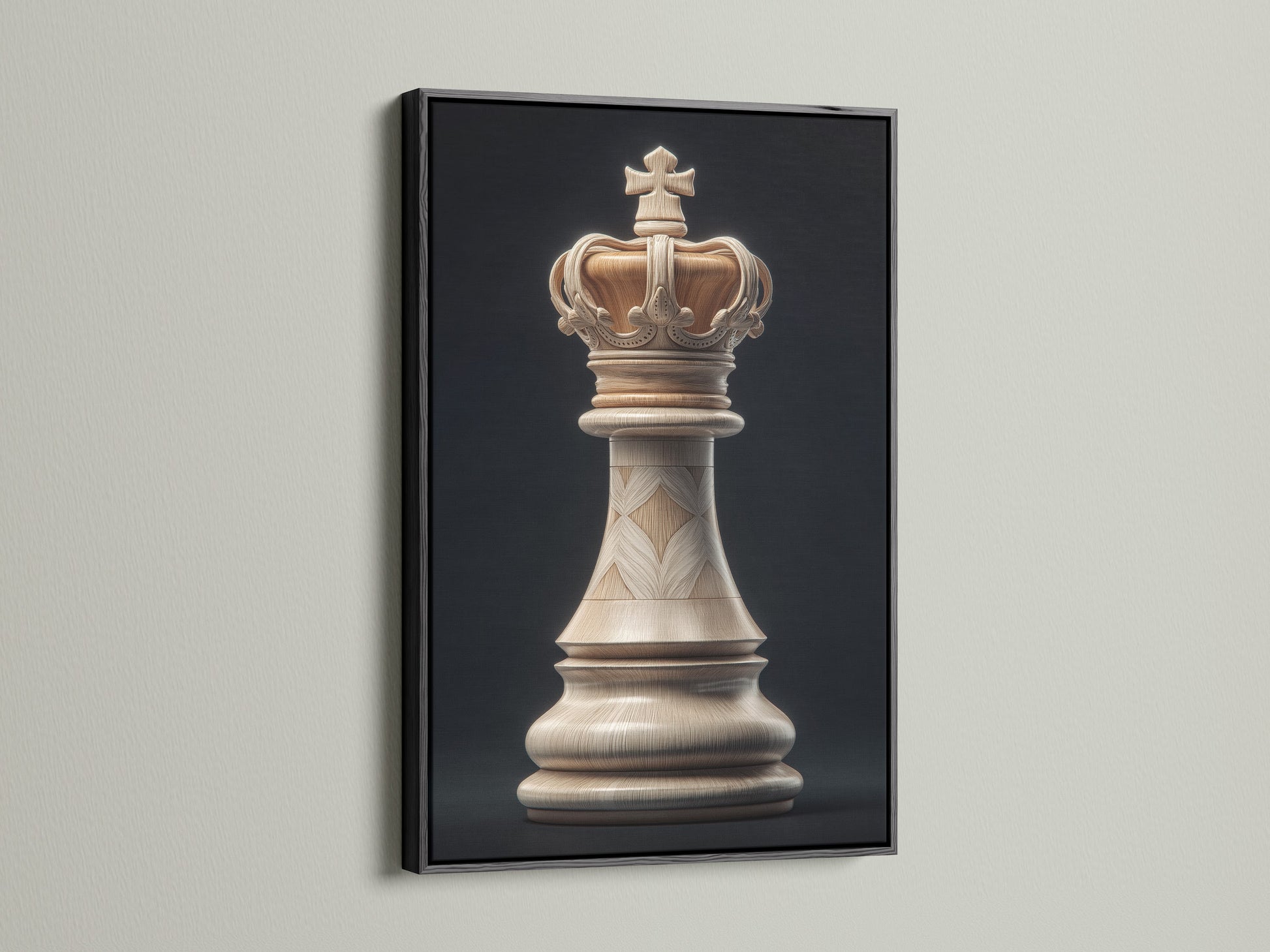 The artwork is showcased in a black frame. The artwork features a chess king piece. The black frame adds a bold and dramatic touch. It enhances the artwork's visual impact creating a striking display on the wall.