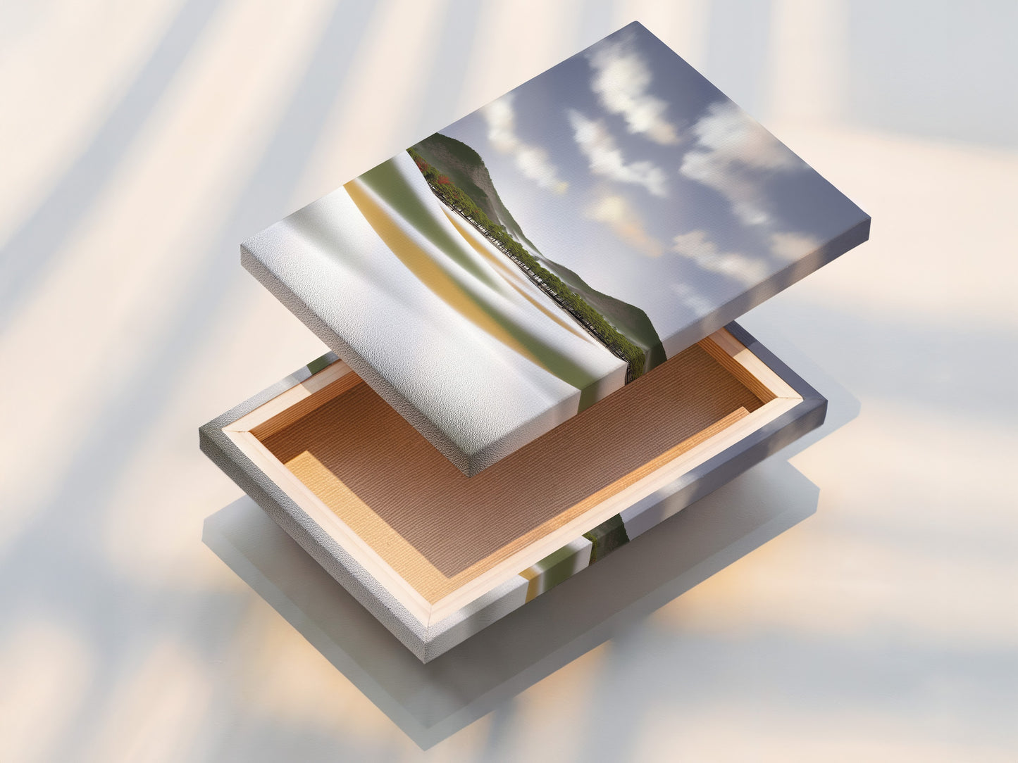 Beautiful stretched canvas print of a coastal landscape. This modern wall art is ready to hang. The stretched canvas print enhances the serene nature print. Perfect for adding a touch of coastal decor to any room. Elevate your space with this stunning beach canvas print.