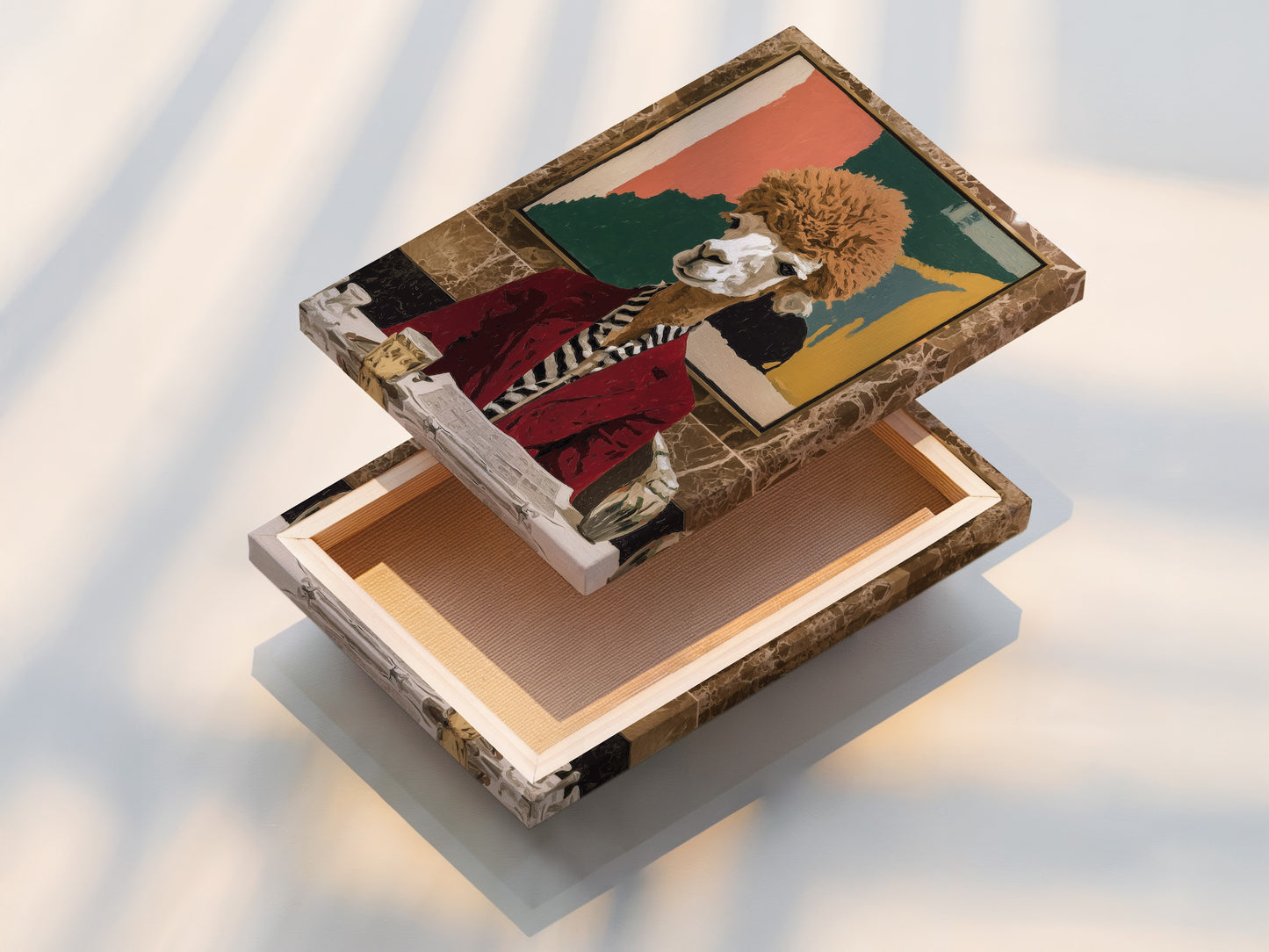 This stretched canvas print shows a quirky llama. The whimsical animal art brightens any room. This vintage portrait is ready to hang. Consider animal canvas art for your decor.