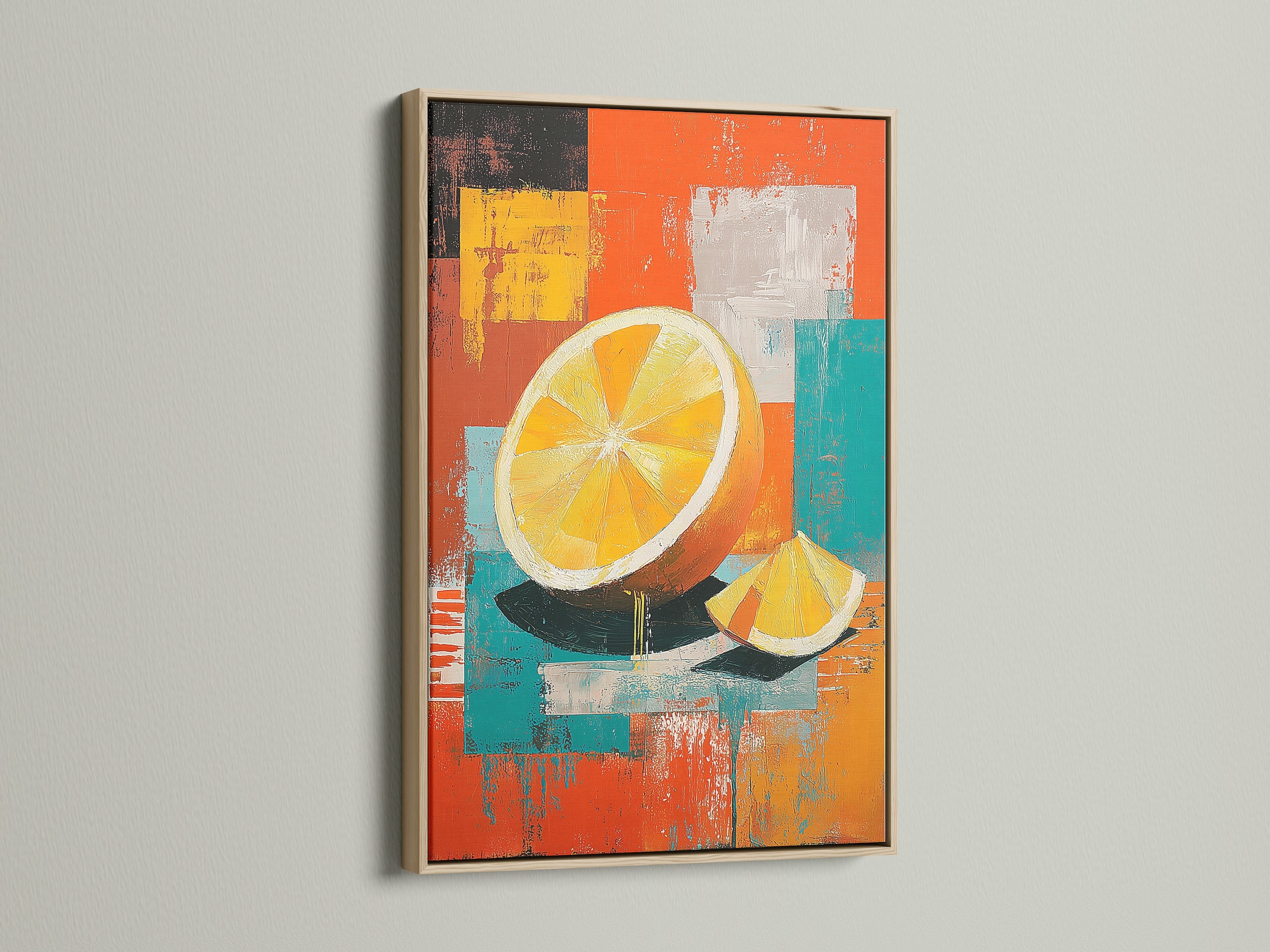 View this colorful fruit artwork framed in oak. The light oak frame provides a natural and understated border. It allows the art to stand out. Enhance your living space with framed art in oak. This finish offers a classic appeal.