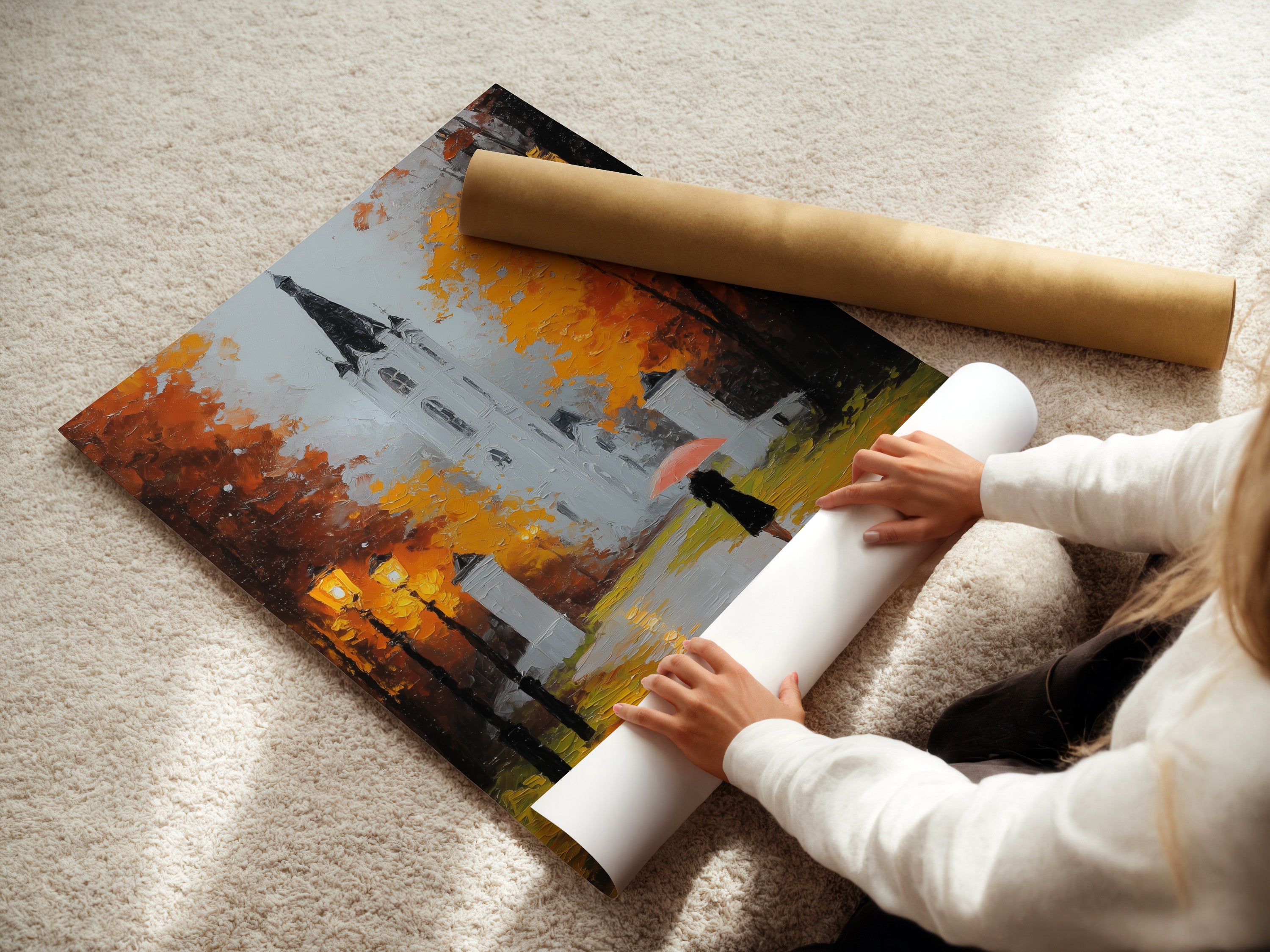 A woman is carefully rolling a fine art poster paper. The fine art poster paper ensures high-quality prints. Get professional results with our premium art paper. Perfect for artwork and photographs.