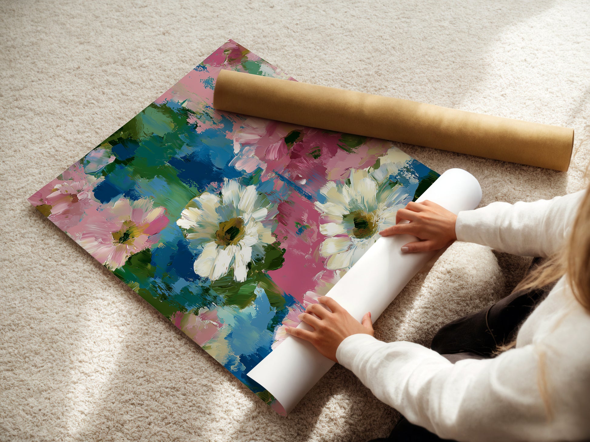 A woman is carefully rolling a fine art poster paper print of floral artwork. The pink and blue flower wall art is being prepared for display. Impressionist botanical artwork perfect for adding a touch of spring. Ideal for homeowners and interior stylists. This daisy art print enhances your home decor. Abstract flowers bring garden charm indoors. Shabby chic art for a refined look.