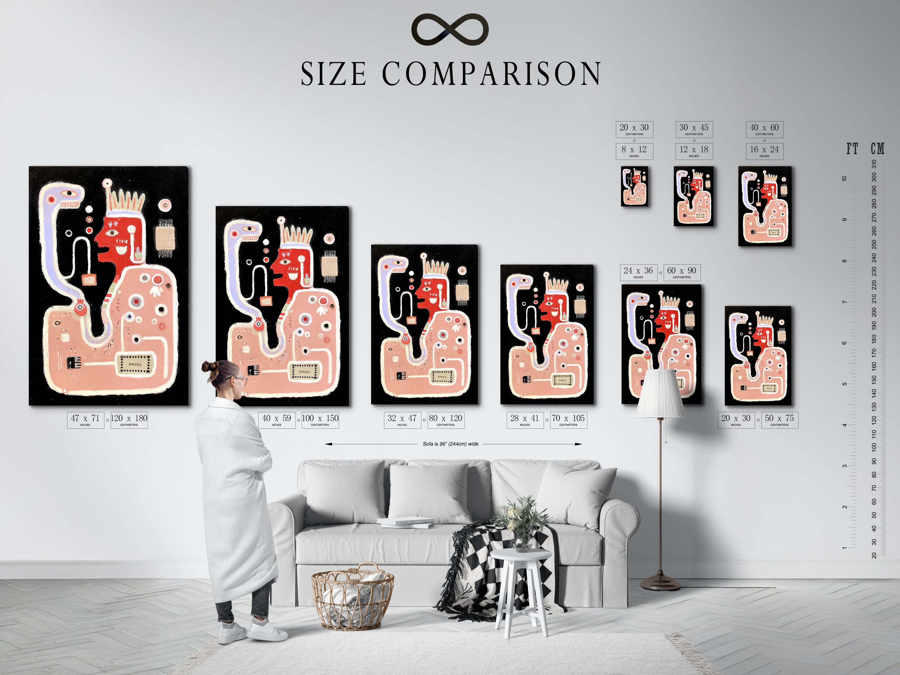 A size comparison chart is displayed in an interior setting. This helps you visualize the different sizes of the abstract monster art prints. It is ideal for planning your wall art arrangement. The modern canvas art will elevate your space.