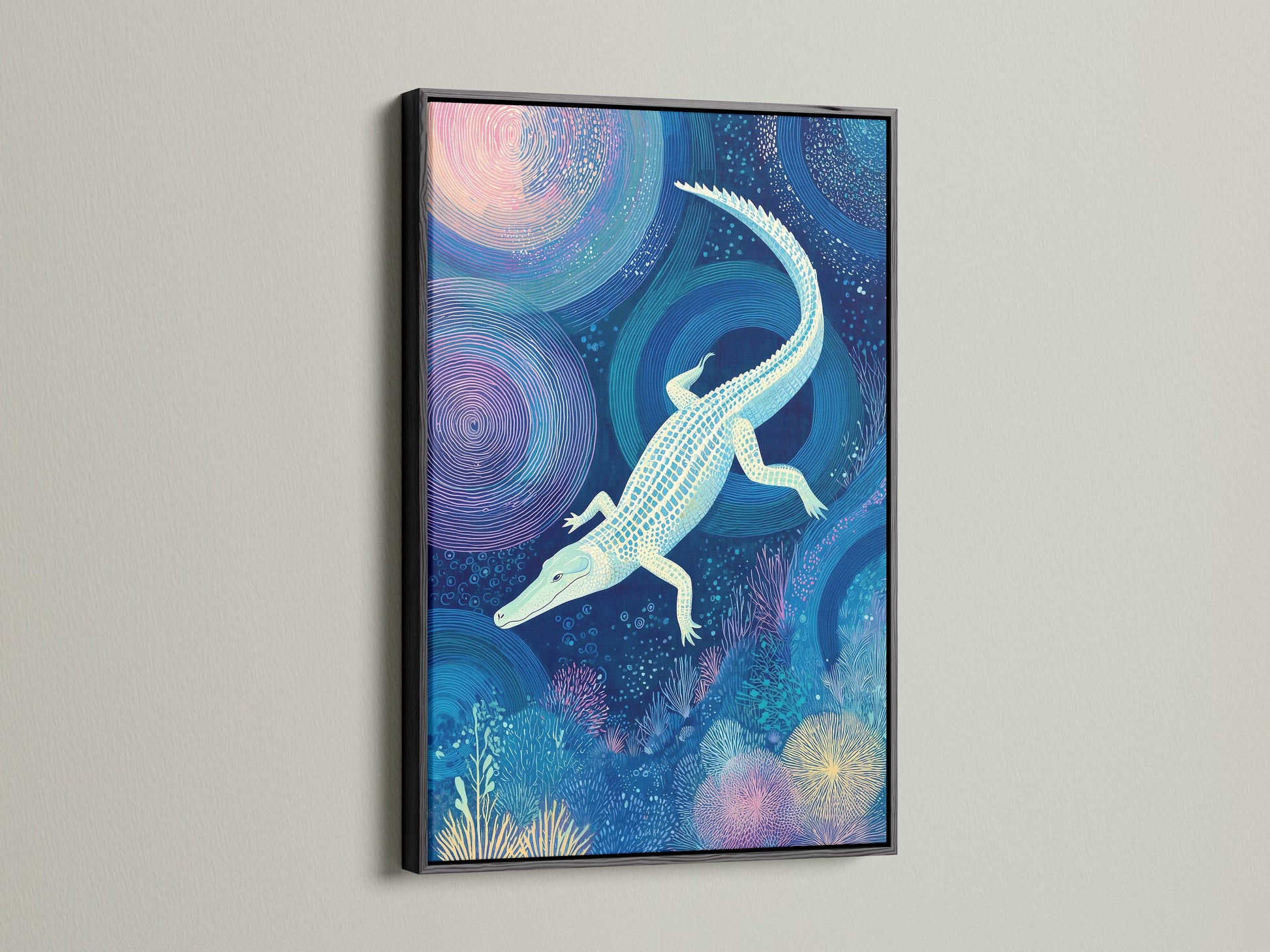 Add a touch of sophistication with the Alligator Art Print. This underwater art is set against an ocean blue canvas. The black frame provides a sleek contrast. A great piece for reptile art lovers and coastal wall decor enthusiasts.
