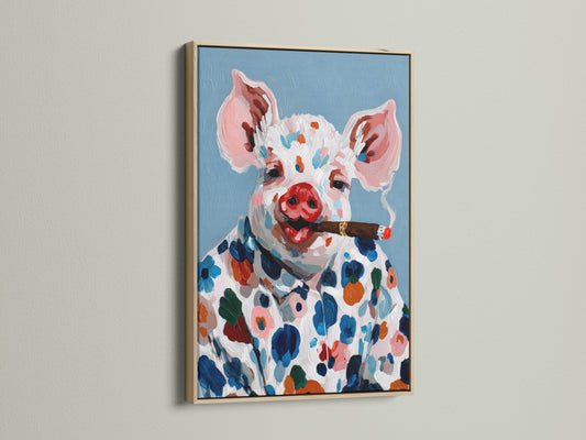 A charming pig art canvas print is showcased in an oak frame. The artwork features a colorful farm animal smoking a cigar. This whimsical piece adds character to any space. Ideal for kitchen wall art or a quirky home decor accent. It captures a unique blend of country and farmhouse style.