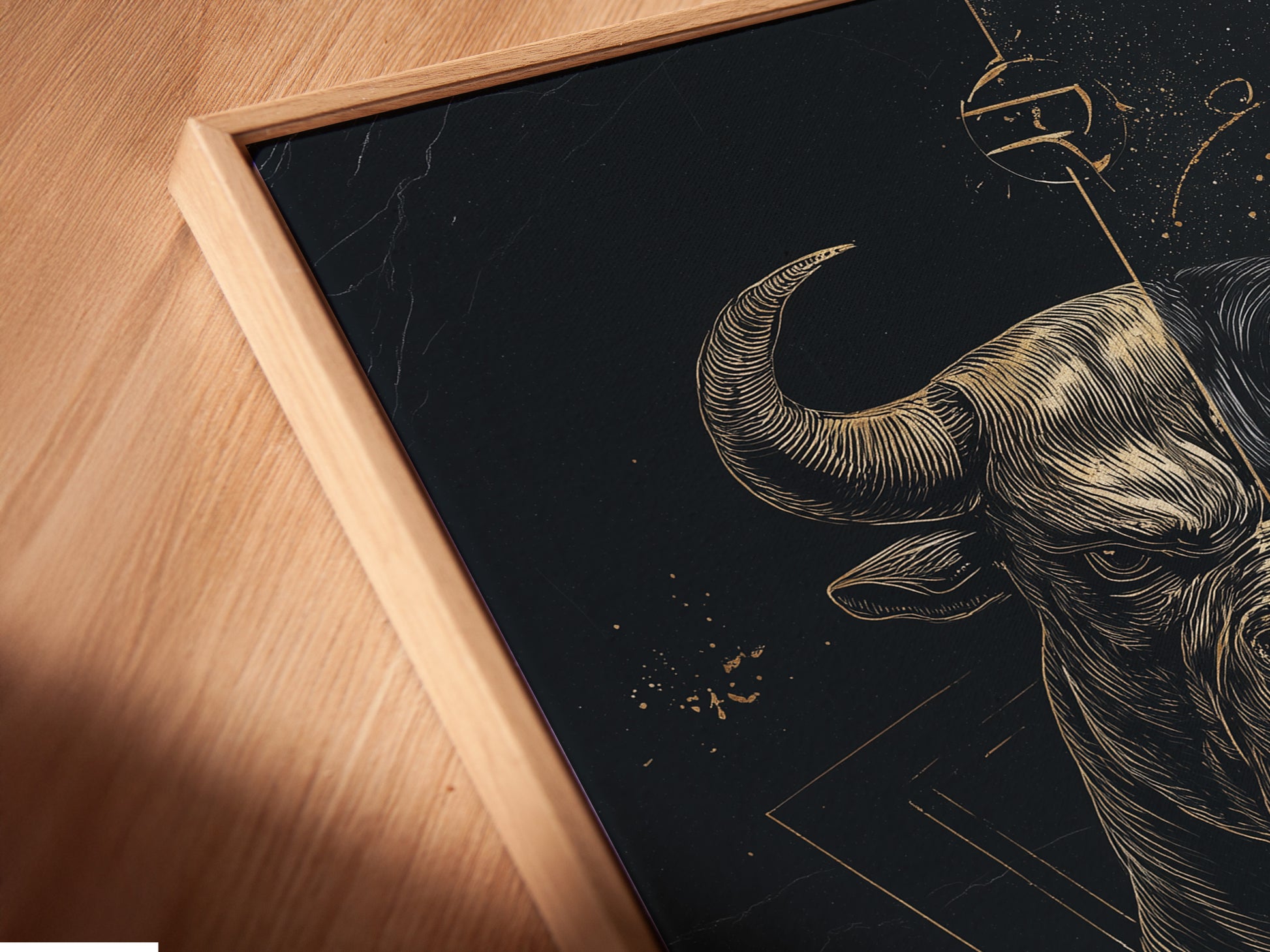 Get a close-up view of the Bull Justice artwork. The canvas print is beautifully displayed in a floating frame. This adds a unique touch to the scales of justice artwork. Perfect for any legal or home office.
