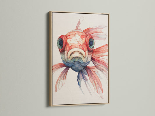 A striking fish artwork is presented in an oak frame. The natural wood grain complements the art. It adds warmth to any room. The oak frame enhances the artwork's beauty. It creates a sophisticated aesthetic for your home or office.