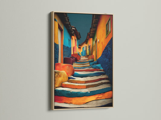 A colorful artwork of a vibrant street scene is showcased within an oak frame. The print is displayed against a clean white wall. The artwork features colorful stairs and buildings. The oak frame enhances the artwork's appeal. Perfect for any room.
