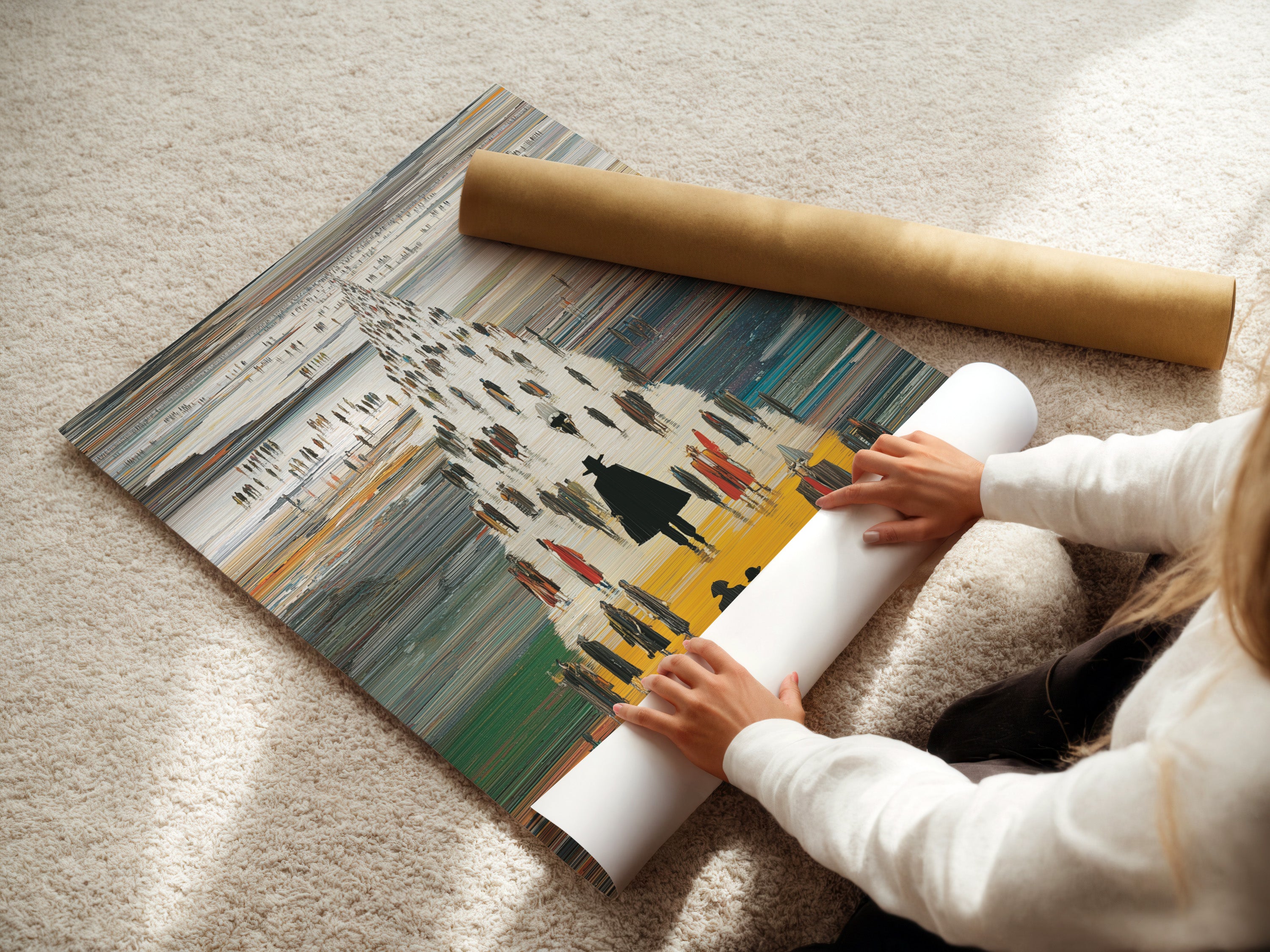 A woman carefully rolls a fine art poster paper. Prepare to showcase your abstract figures art. Choose this option for a versatile display. Perfect for modern wall art in any setting. The contemporary print is ready to frame.
