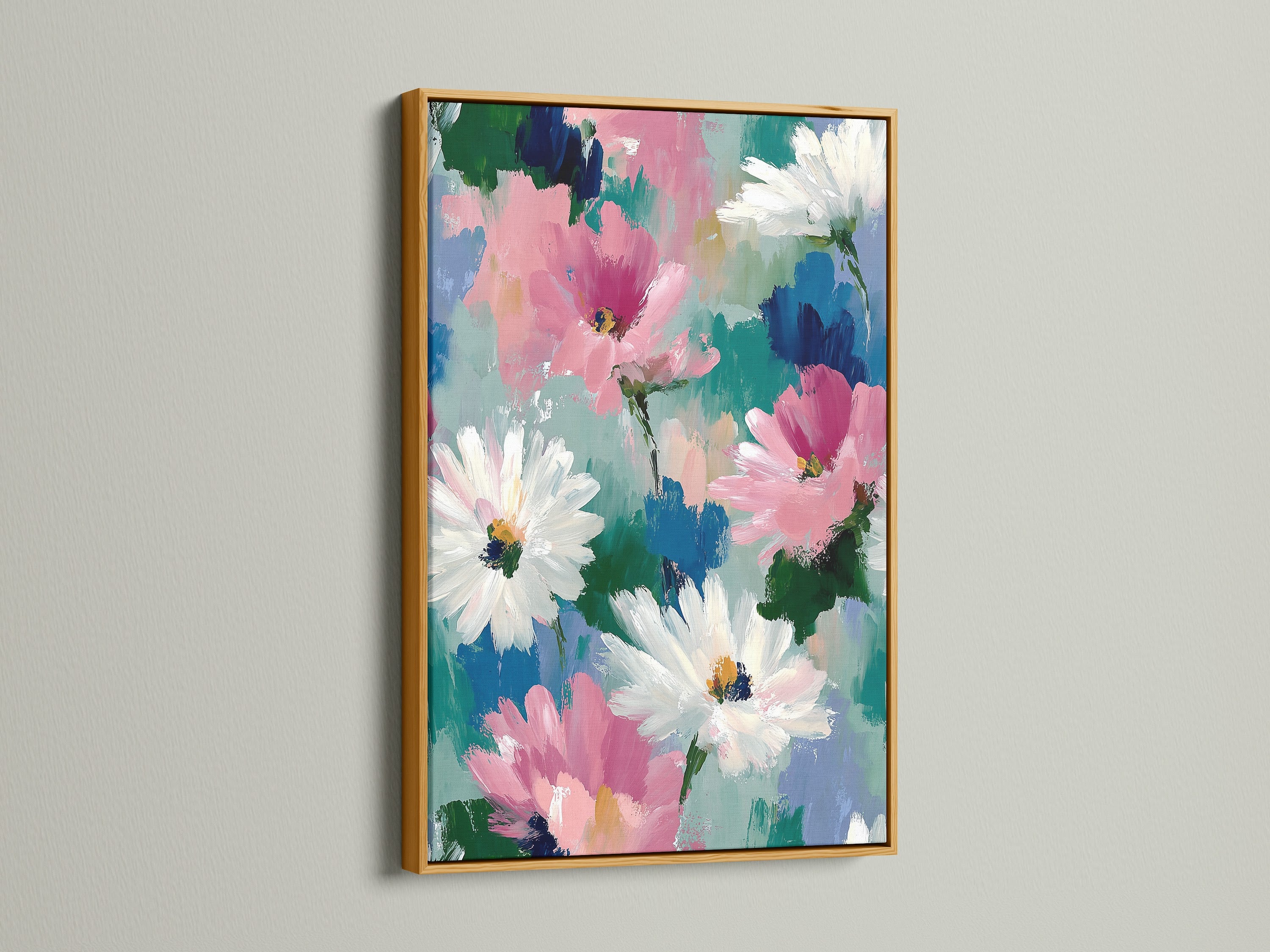 Introduce a touch of glamor with a gold frame. This abstract floral artwork features pink and white daisies. Perfect for adding a luxurious touch to your space. Transform your bedroom wall decor with this striking piece of colorful flower art.