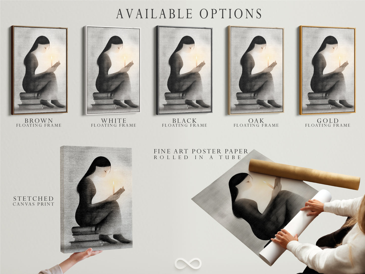 Available options for the minimalist woman reading artwork. Options include stretched canvas print fine art poster paper and floating frame. Customize your artwork to match your style and decor preferences.