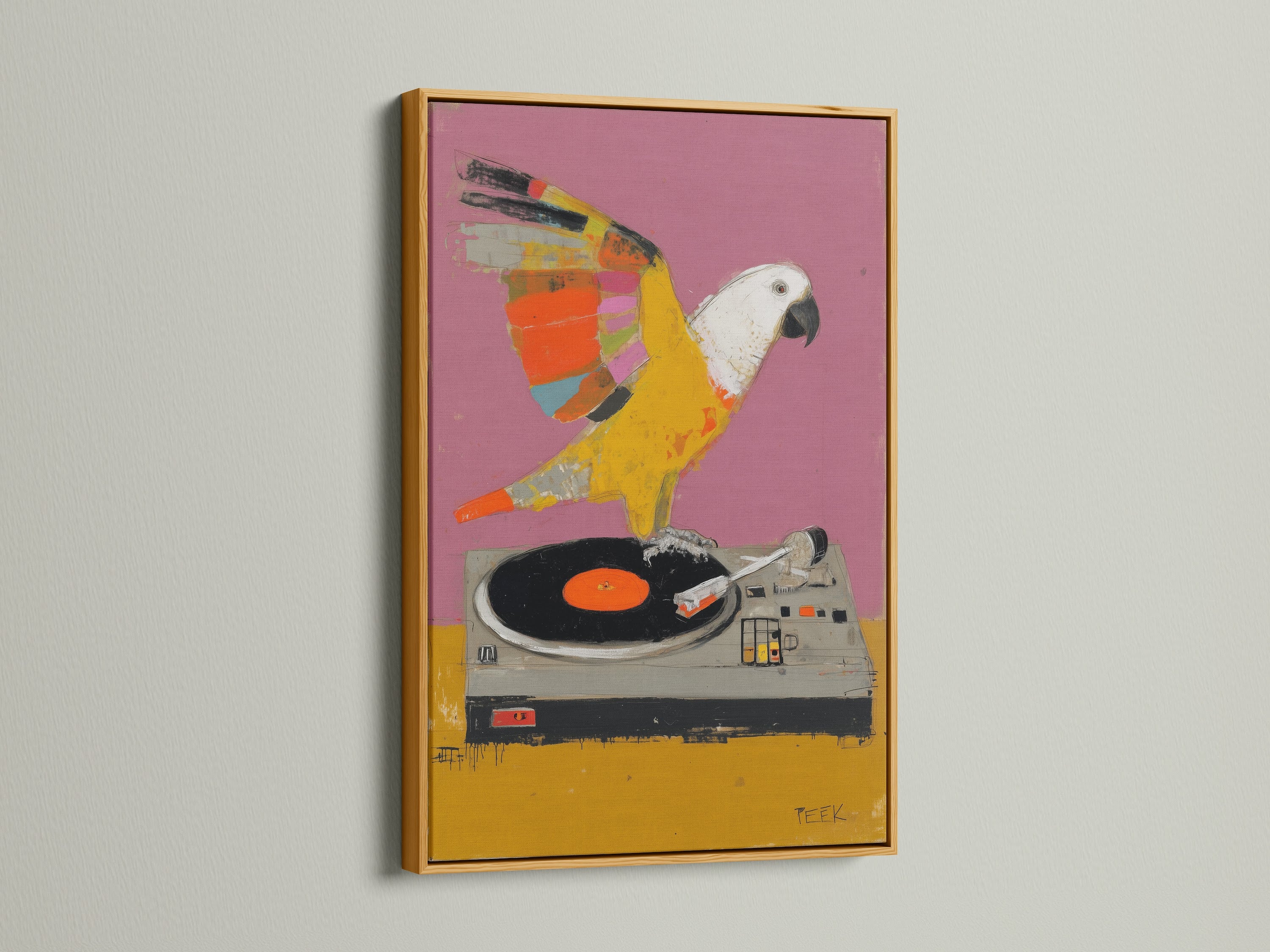 Parrot DJ artwork in a gold frame. This eye-catching piece features a bird on a turntable. The artwork adds a touch of retro charm and elegance. Perfect wall art for music studios.