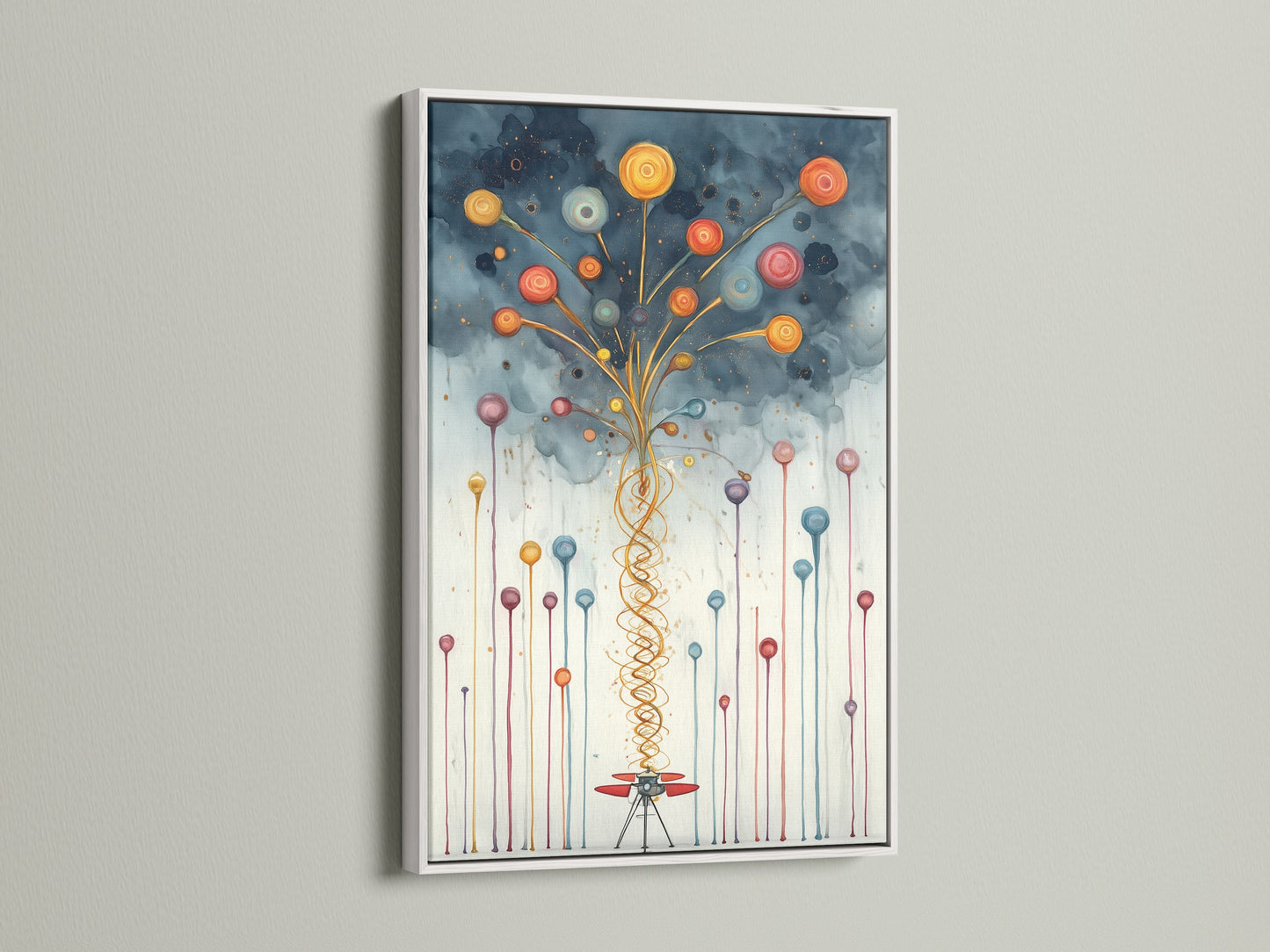 White frame displaying abstract balloon artwork. This colorful print adds a modern touch to any room. Enhance your nursery or playroom with this whimsical decor. The playful art is perfect for children's spaces. Brighten up your walls with this fun piece.