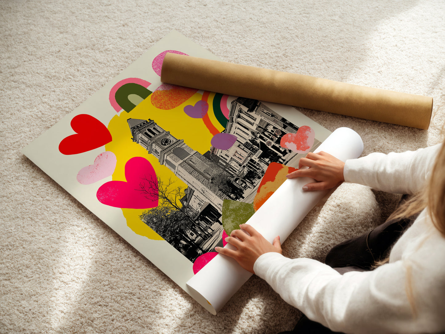A woman carefully rolling a fine art poster paper. The paper features a clock tower. It also has colorful hearts and rainbows. High-quality materials ensure the artwork lasts for years. Perfect for art enthusiasts who appreciate fine details. Explore our selection of premium art prints.