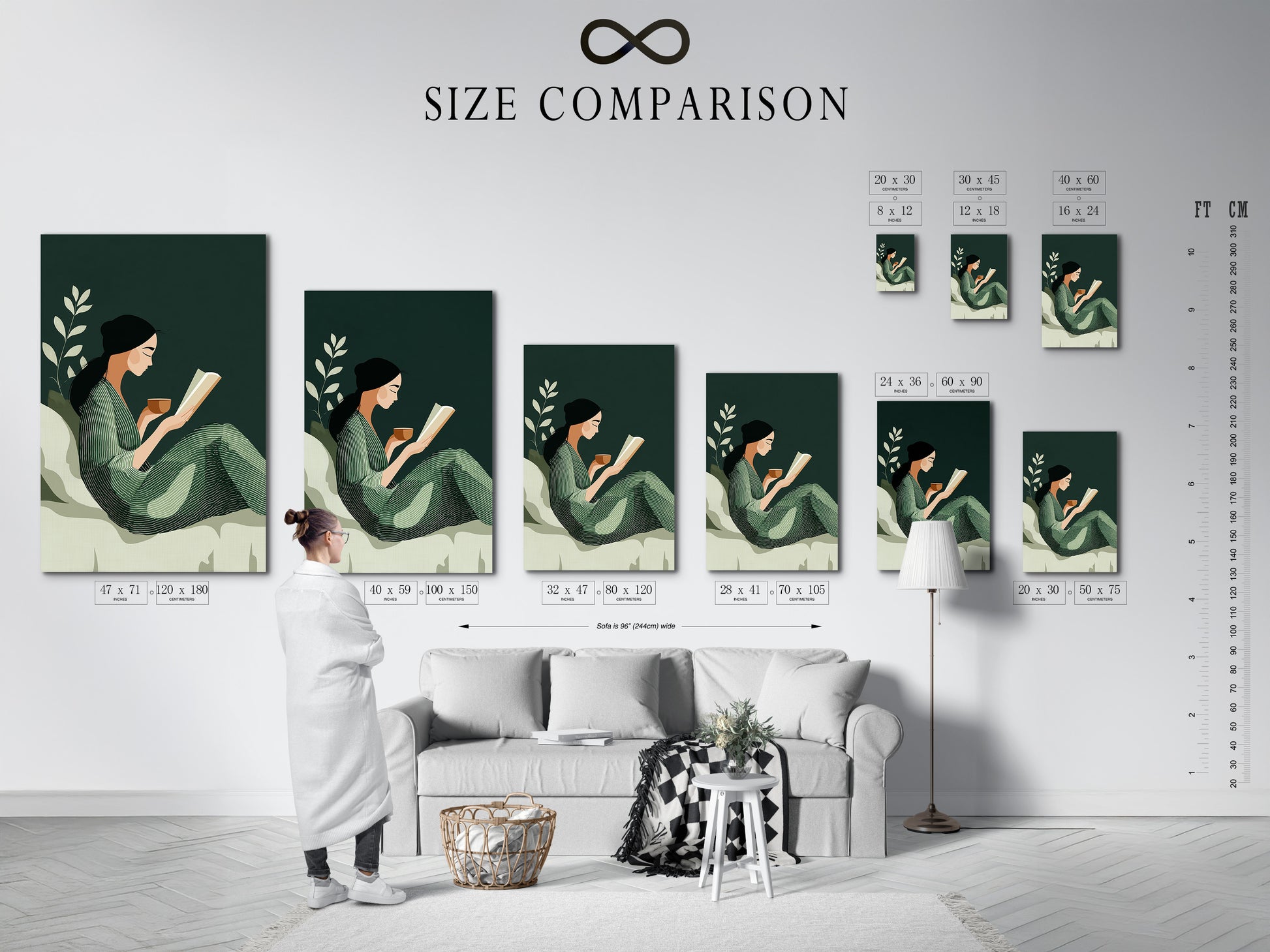 A size comparison chart is displayed in an interior setting. This helps visualize the artwork's dimensions in a real room. See how the Reading Woman art fits in different spaces. This ensures you choose the perfect size for your wall decor needs. Plan your space.