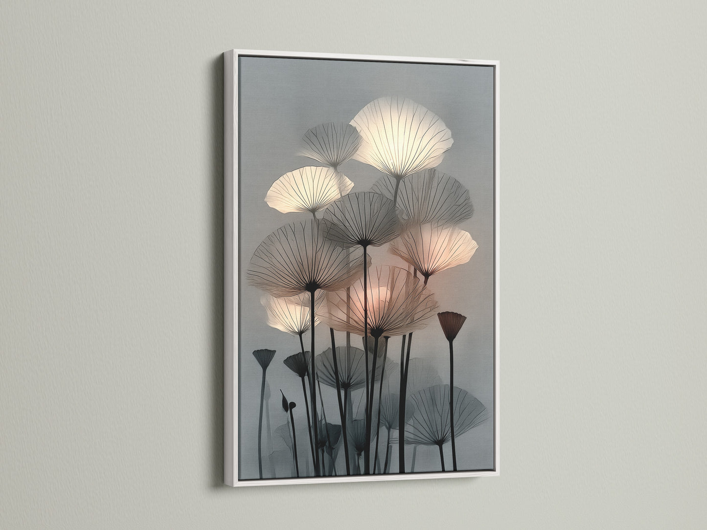 A botanical canvas print is showcased in a white frame. This abstract artwork adds a modern touch to any room. Itโs perfect as bedroom wall decor. The floral canvas features a minimalist art style. The nature print is ideal for scandi decor.