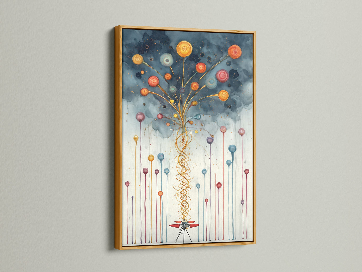 Gold frame showcasing a vibrant abstract balloon artwork. This modern print is perfect for any room. The whimsical decor enhances nurseries and playrooms. Add a touch of color with this playful art. A contemporary piece for kids room wall decor.